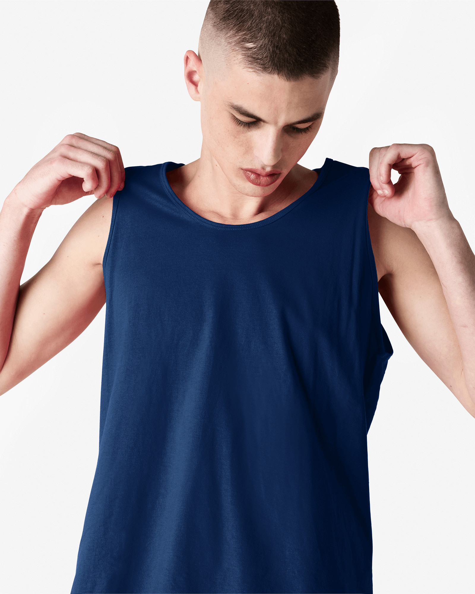 Male model wearing navy colour American Apparel Fine Jersey Unisex Tank Top (front pose) -navy