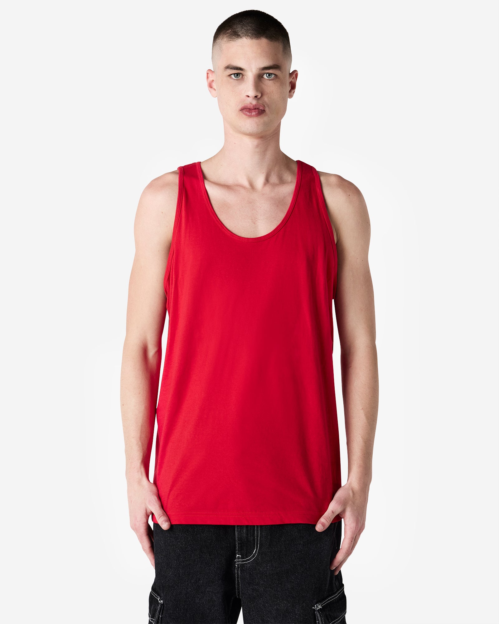 Male model wearing red colour American Apparel Fine Jersey Unisex Tank Top (front pose)-red