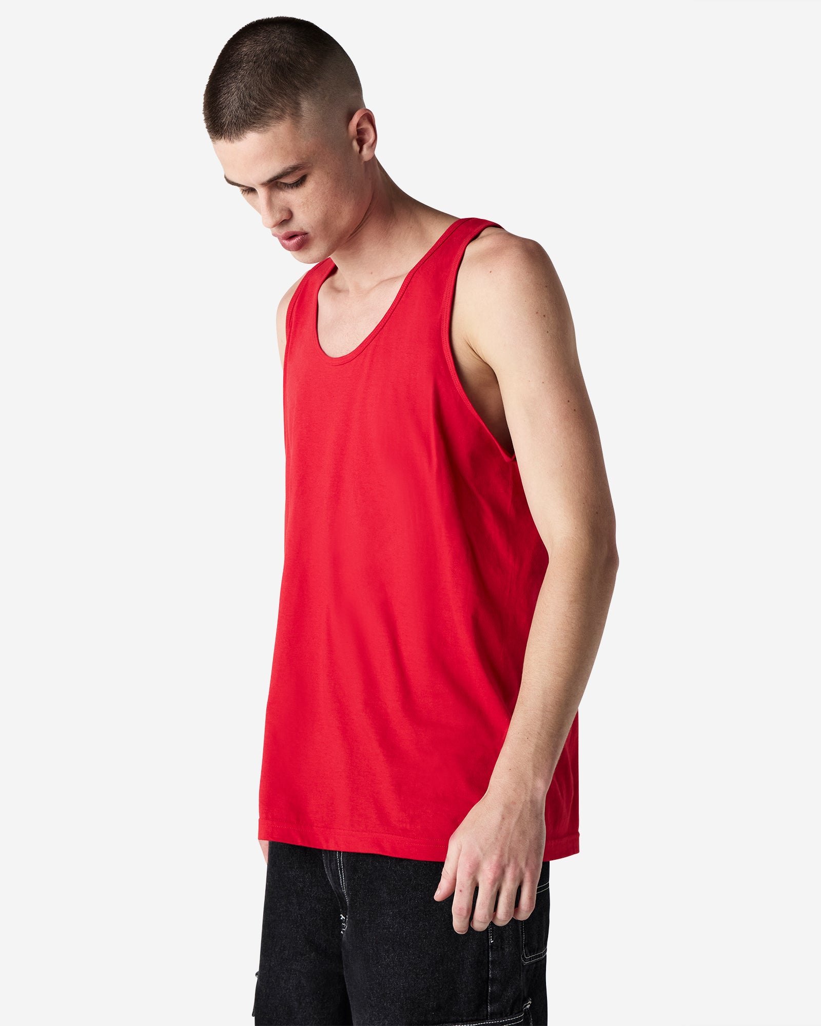 Male model wearing red colour American Apparel Fine Jersey Unisex Tank Top (front pose)-red