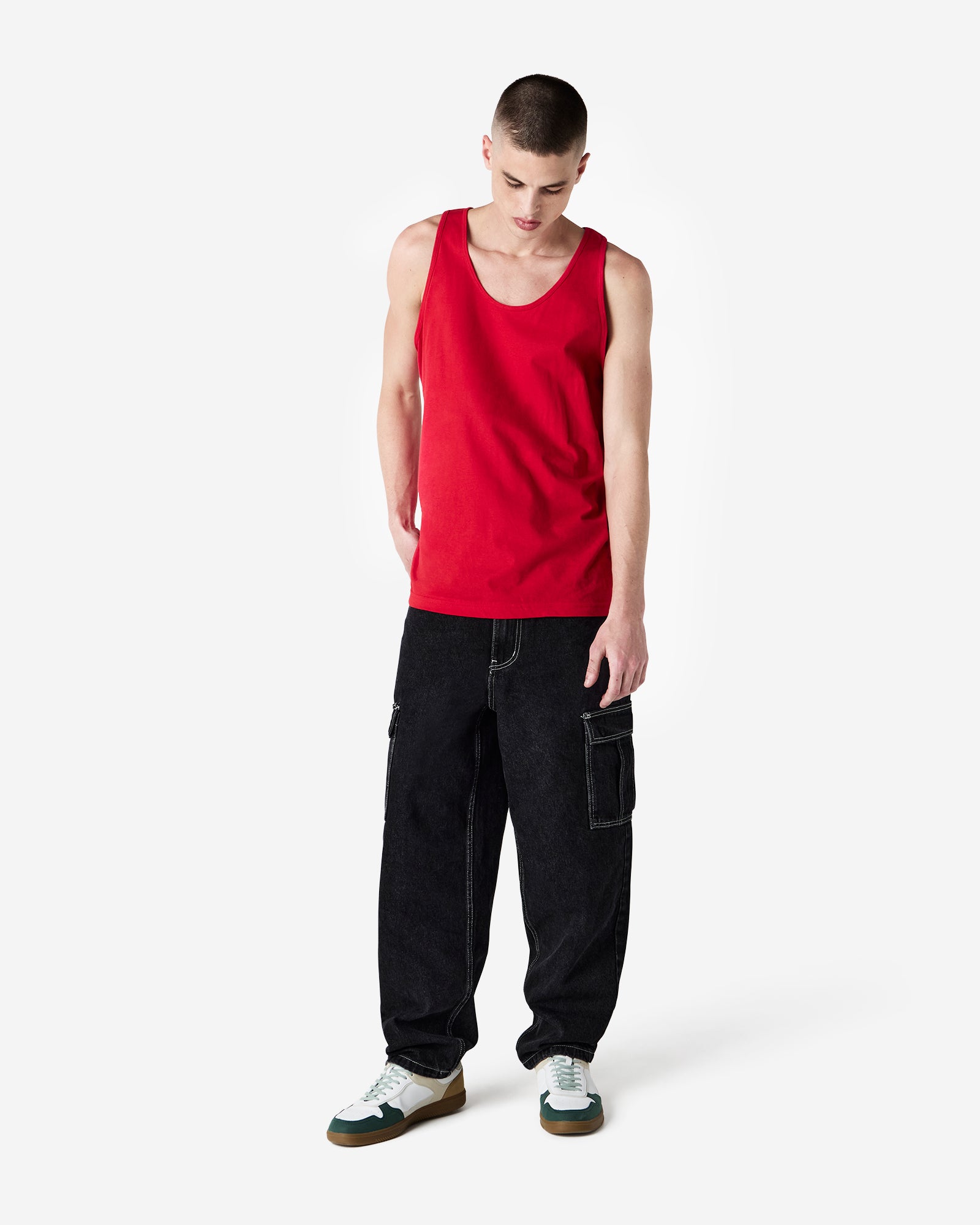 Male model wearing red colour American Apparel Fine Jersey Unisex Tank Top (front pose) -red