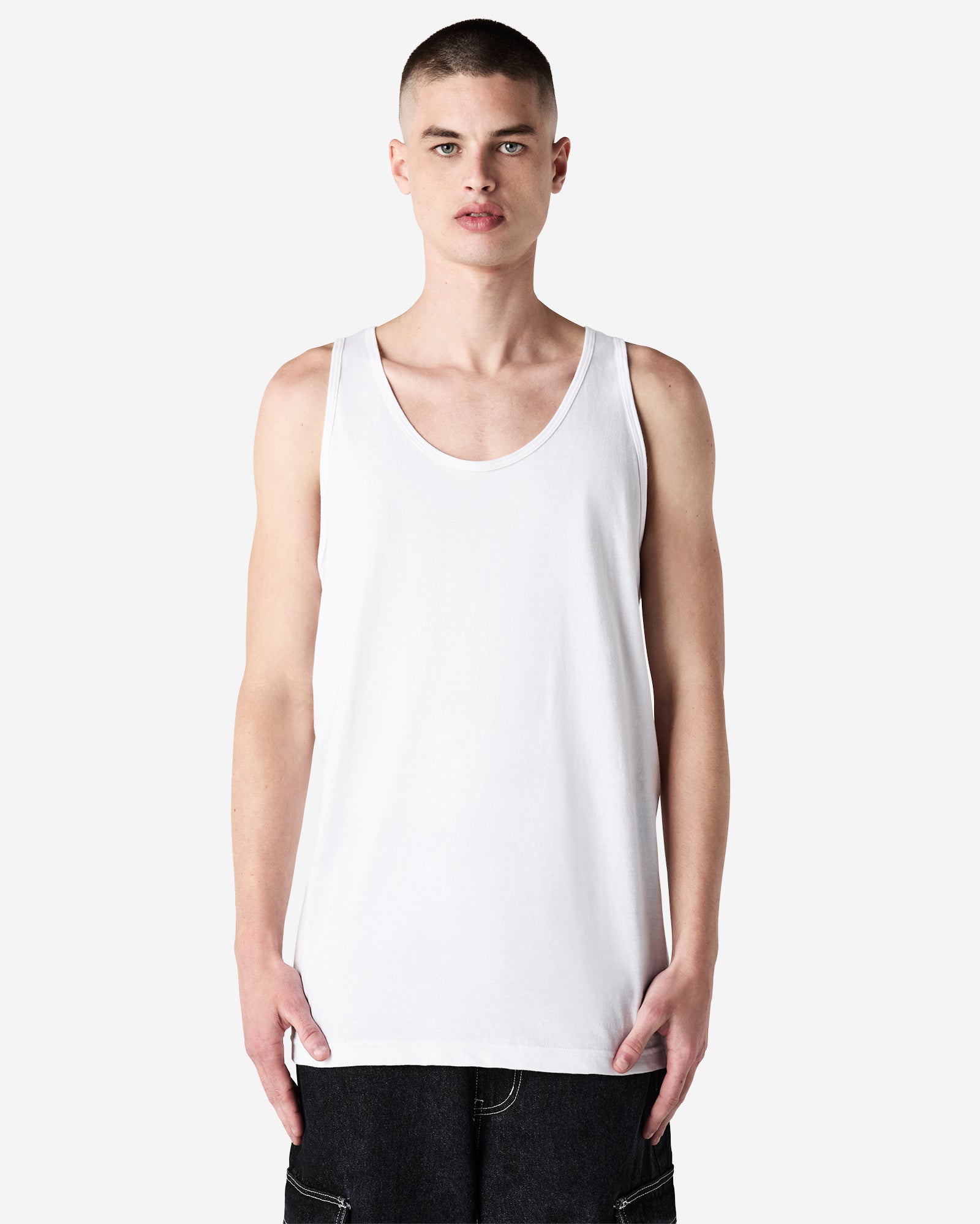 Male model wearing white colour American Apparel Fine Jersey Unisex Tank Top (front pose) -white
