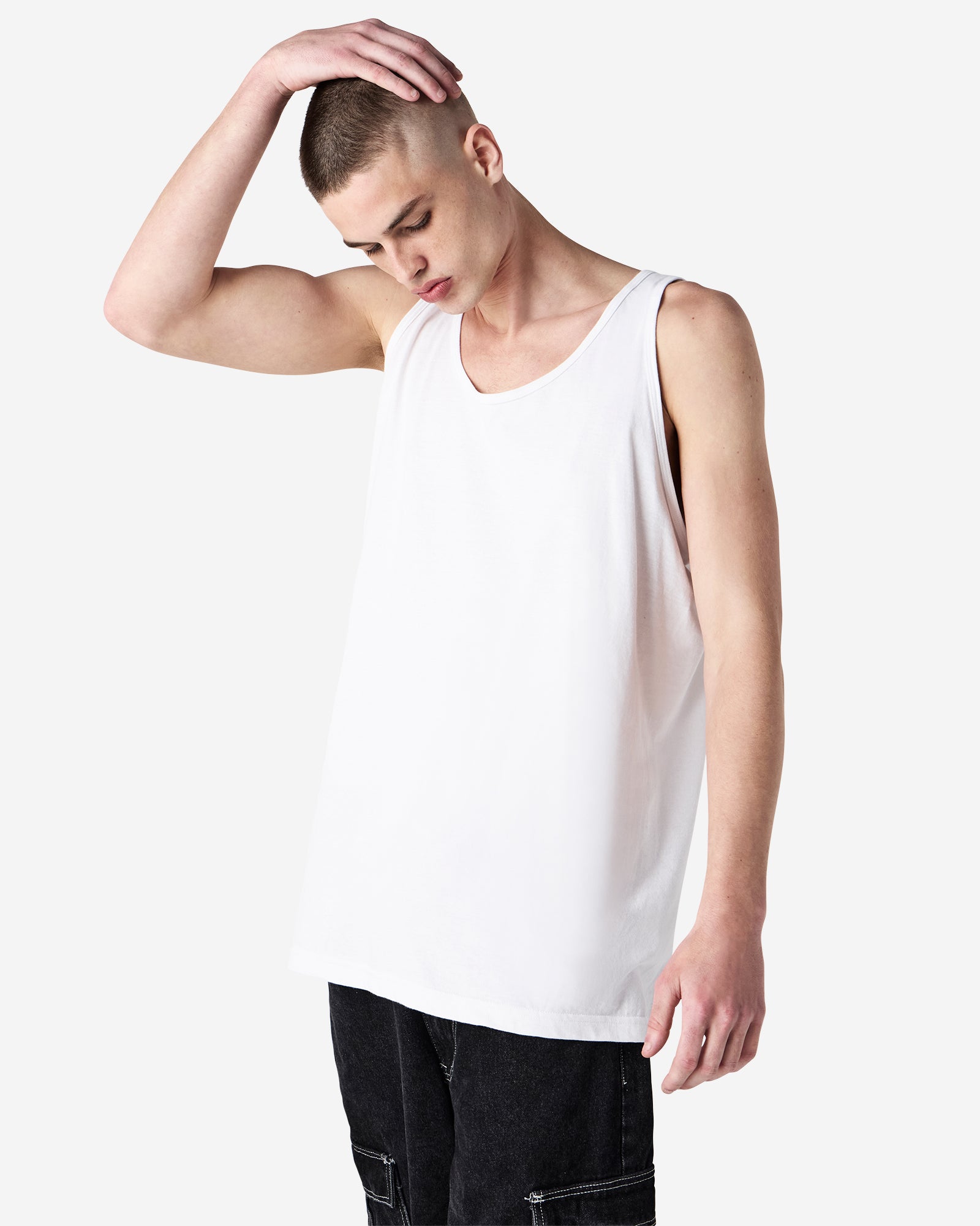 Male model wearing white colour American Apparel Fine Jersey Unisex Tank Top (front pose) -white