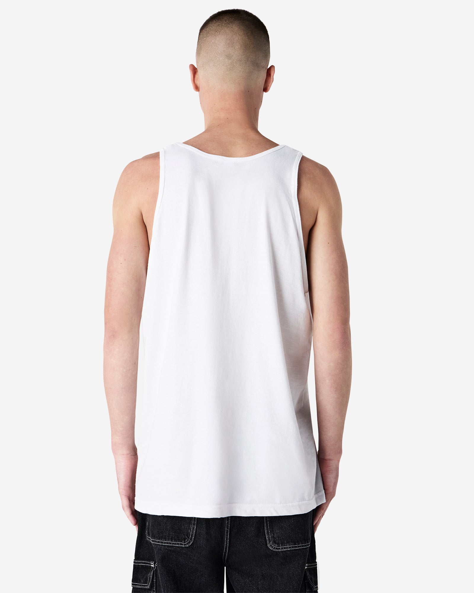 Male model wearing white colour American Apparel Fine Jersey Unisex Tank Top (back pose) -white
