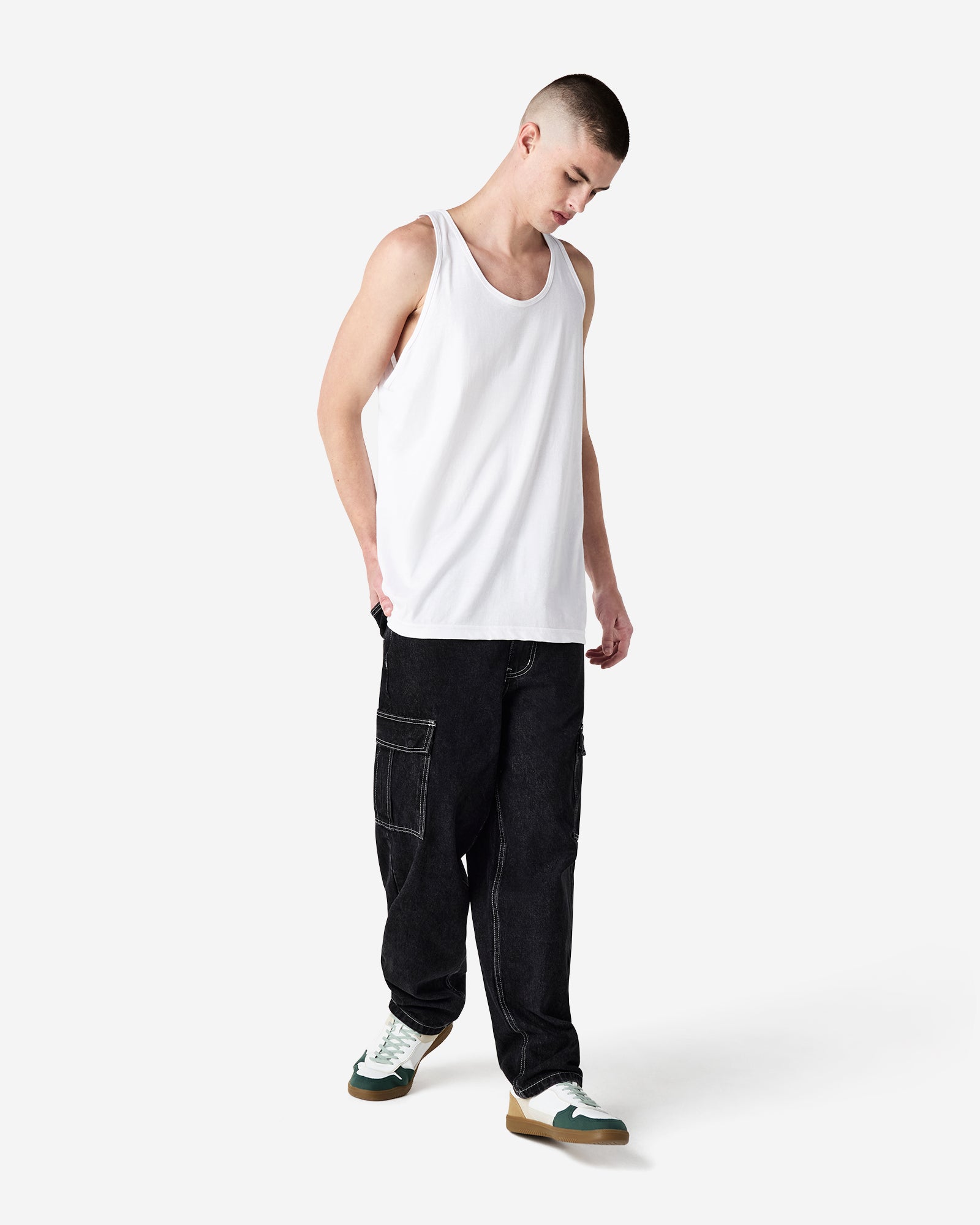 Male model wearing white colour American Apparel Fine Jersey Unisex Tank Top (front pose) -white