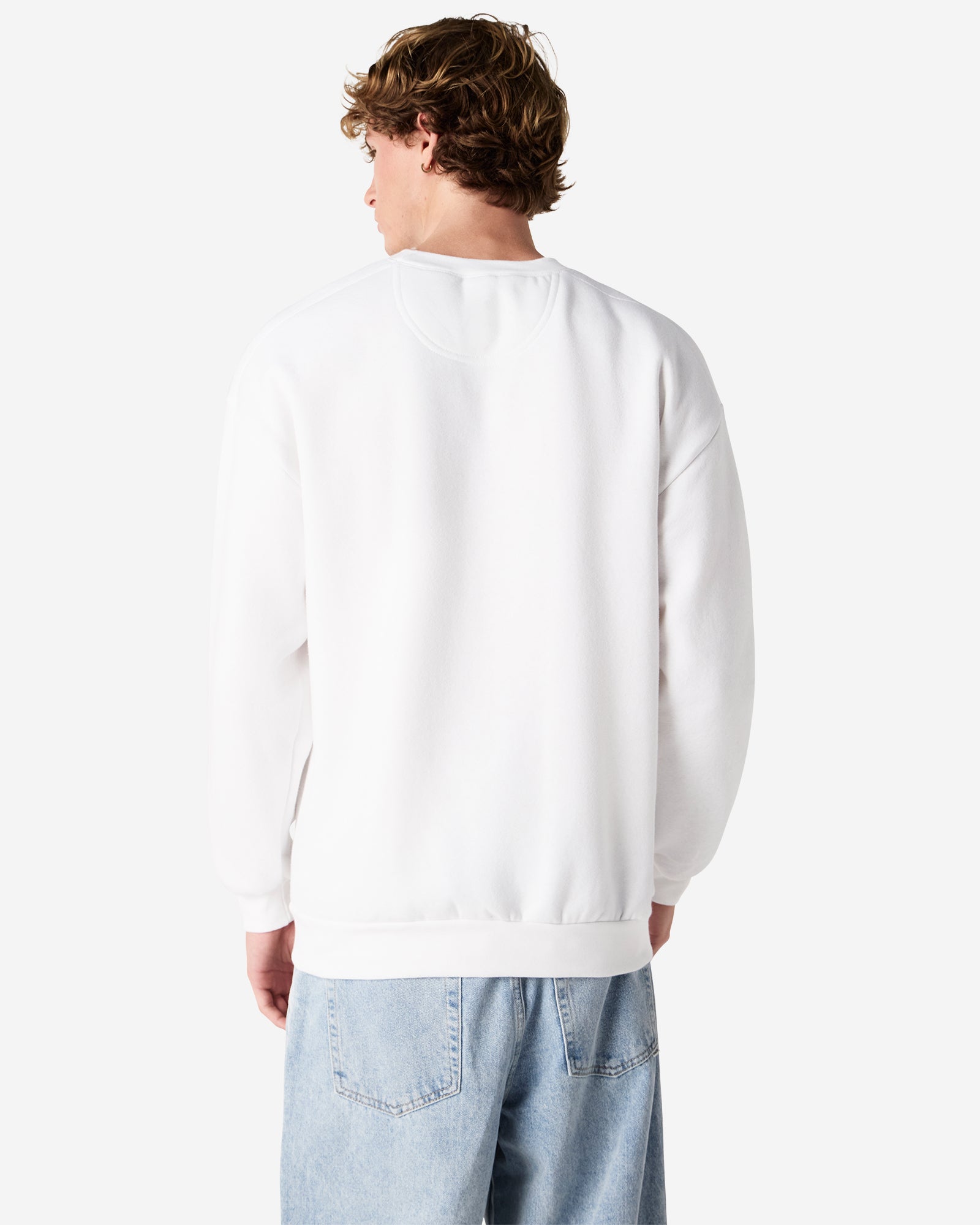 Male model wearing a Reflex Unisex Crewneck Sweatshirt (back pose) -white