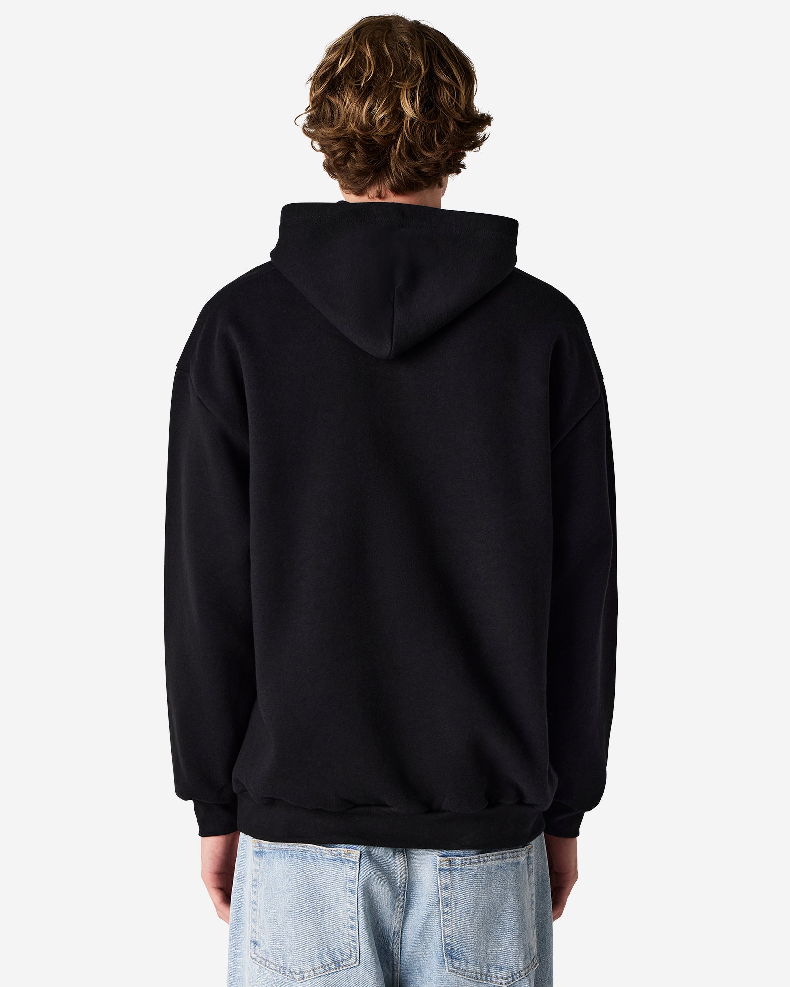 Male model wearing a Reflex Unisex Hooded Sweatshirt (back pose) -black