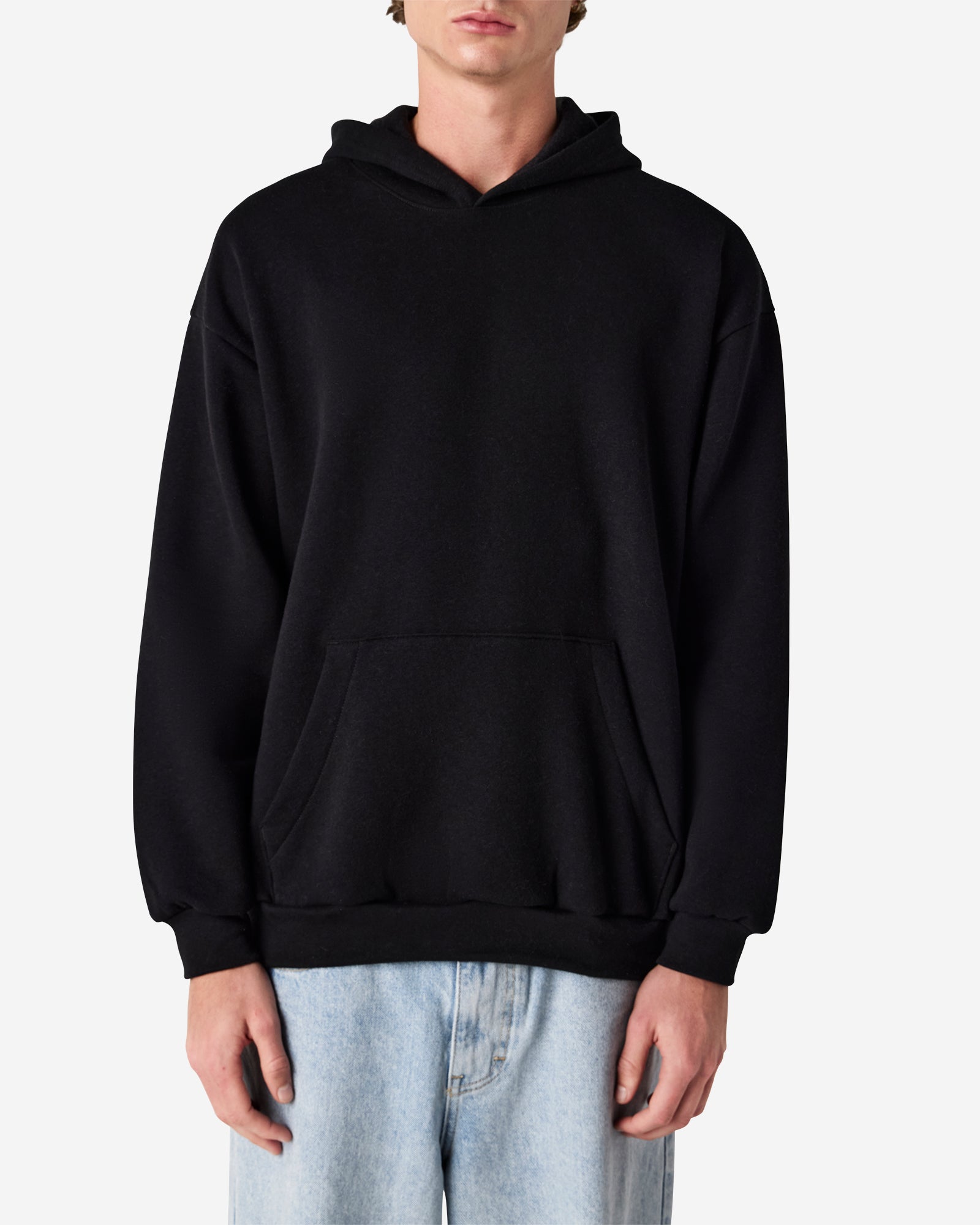 Male model wearing a Reflex Unisex Hooded Sweatshirt (front pose) -black
