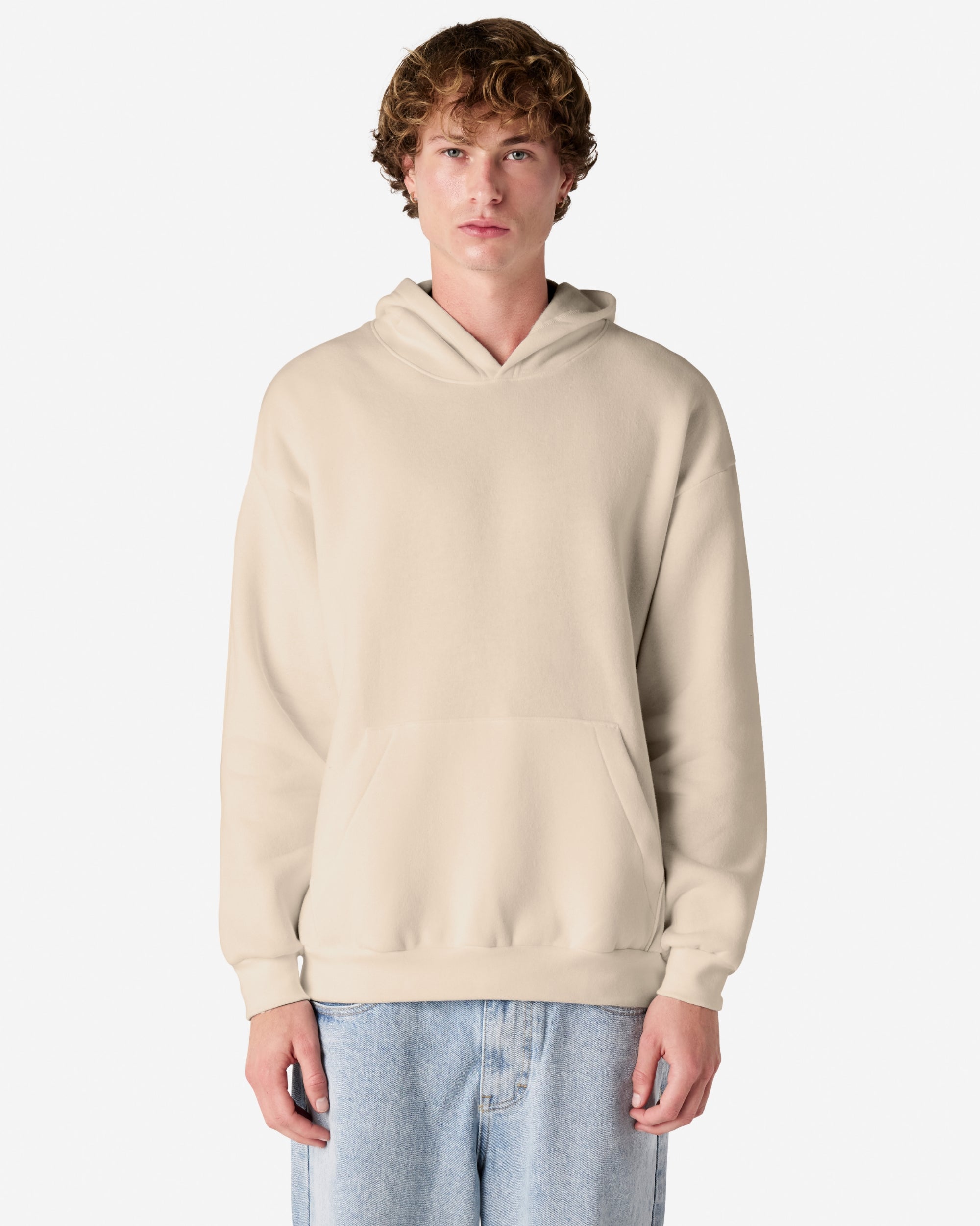 Male model wearing a Reflex Unisex Hooded Sweatshirt (front pose) -bone