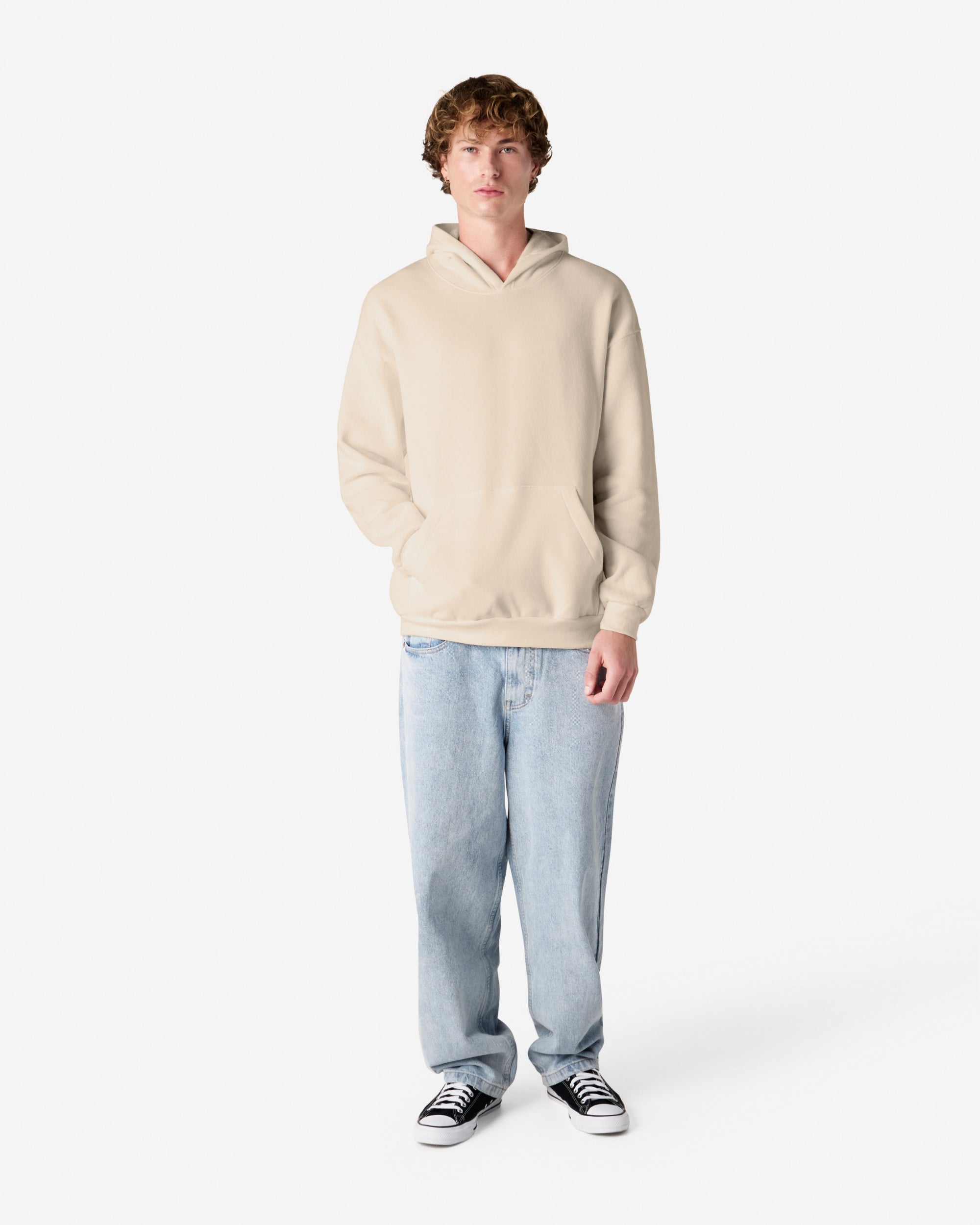 Male model wearing a Reflex Unisex Hooded Sweatshirt (front pose) -bone