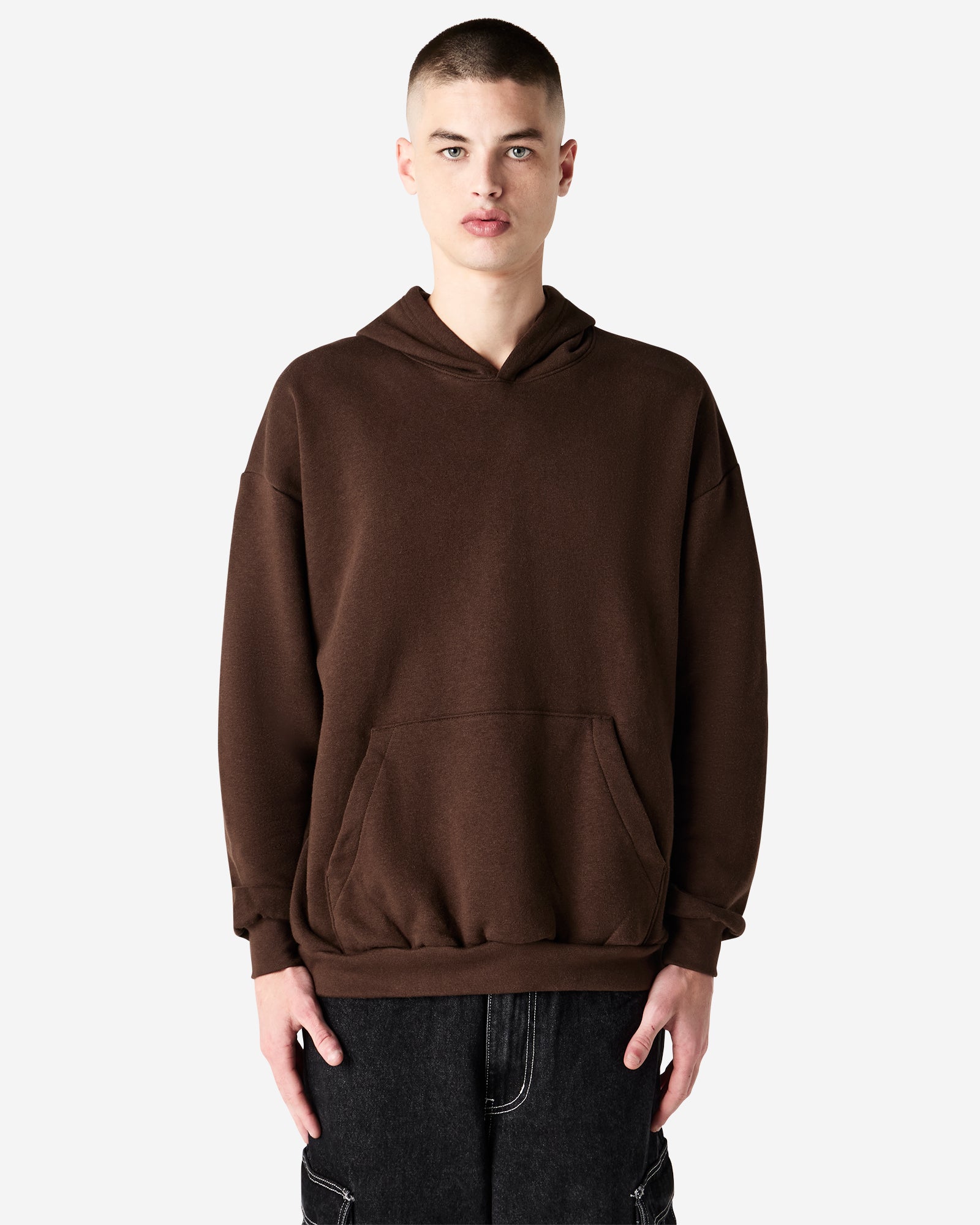 Male model wearing a Reflex Unisex Hooded Sweatshirt (front pose) -brown
