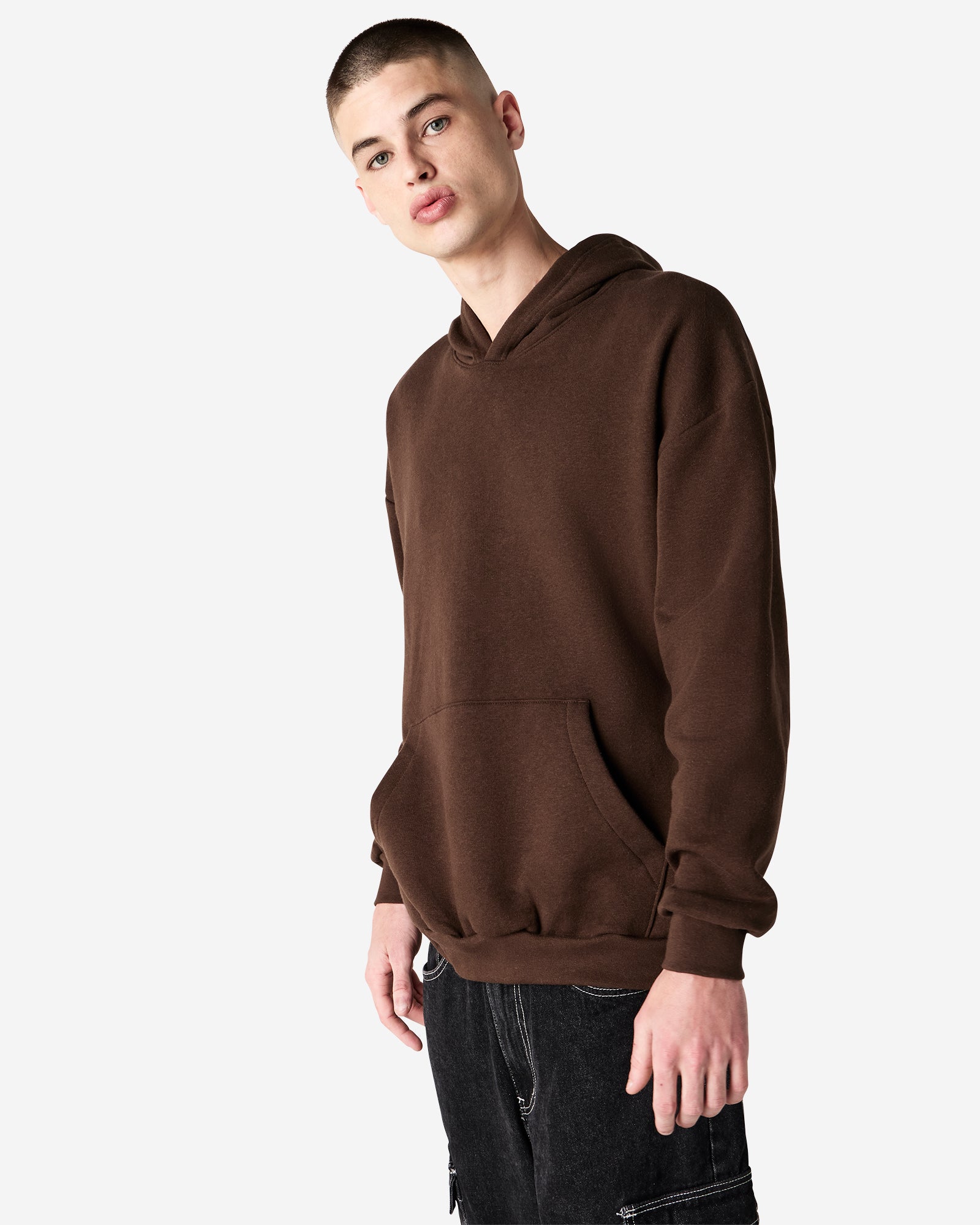 Male model wearing a Reflex Unisex Hooded Sweatshirt (front pose) -brown