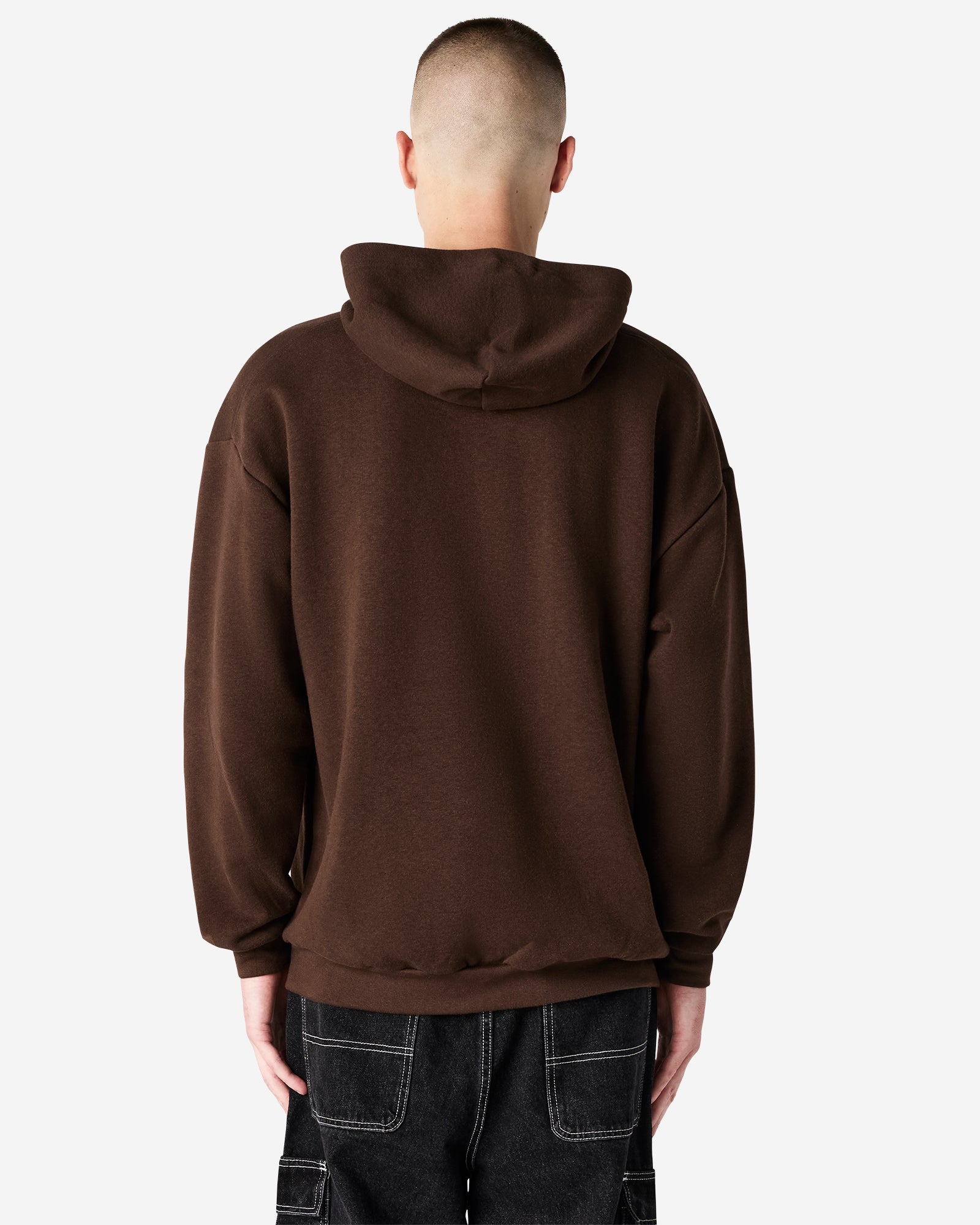 Male model wearing a Reflex Unisex Hooded Sweatshirt (back pose) -brown