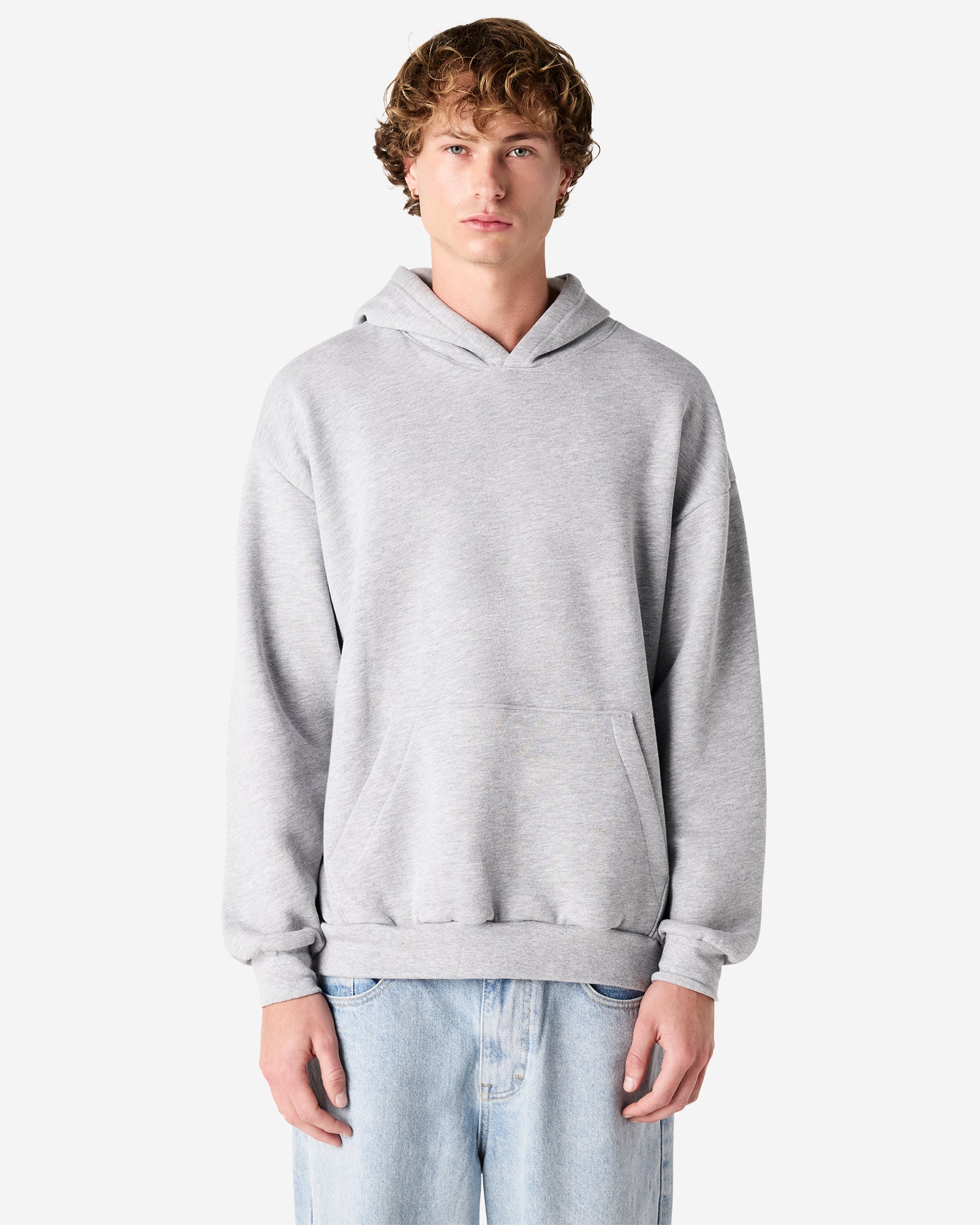 Male model wearing a Reflex Unisex Hooded Sweatshirt (front pose) -heather grey