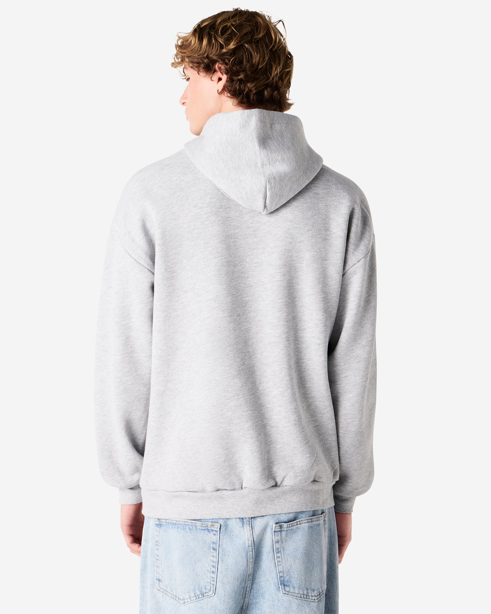 Male model wearing a Reflex Unisex Hooded Sweatshirt (back pose) -heather grey