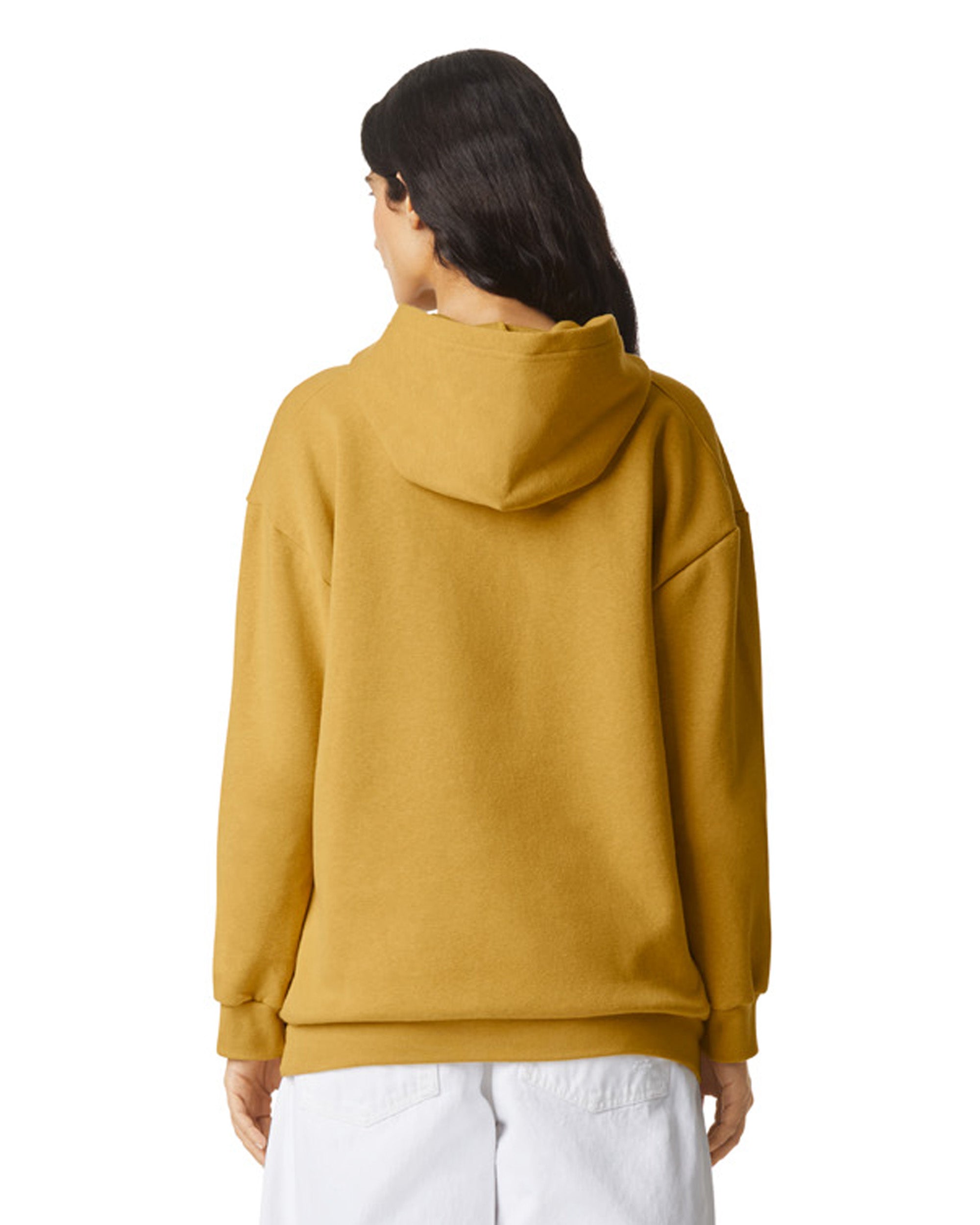 Female model wearing a Reflex Unisex Hooded Sweatshirt (back pose) -mustard