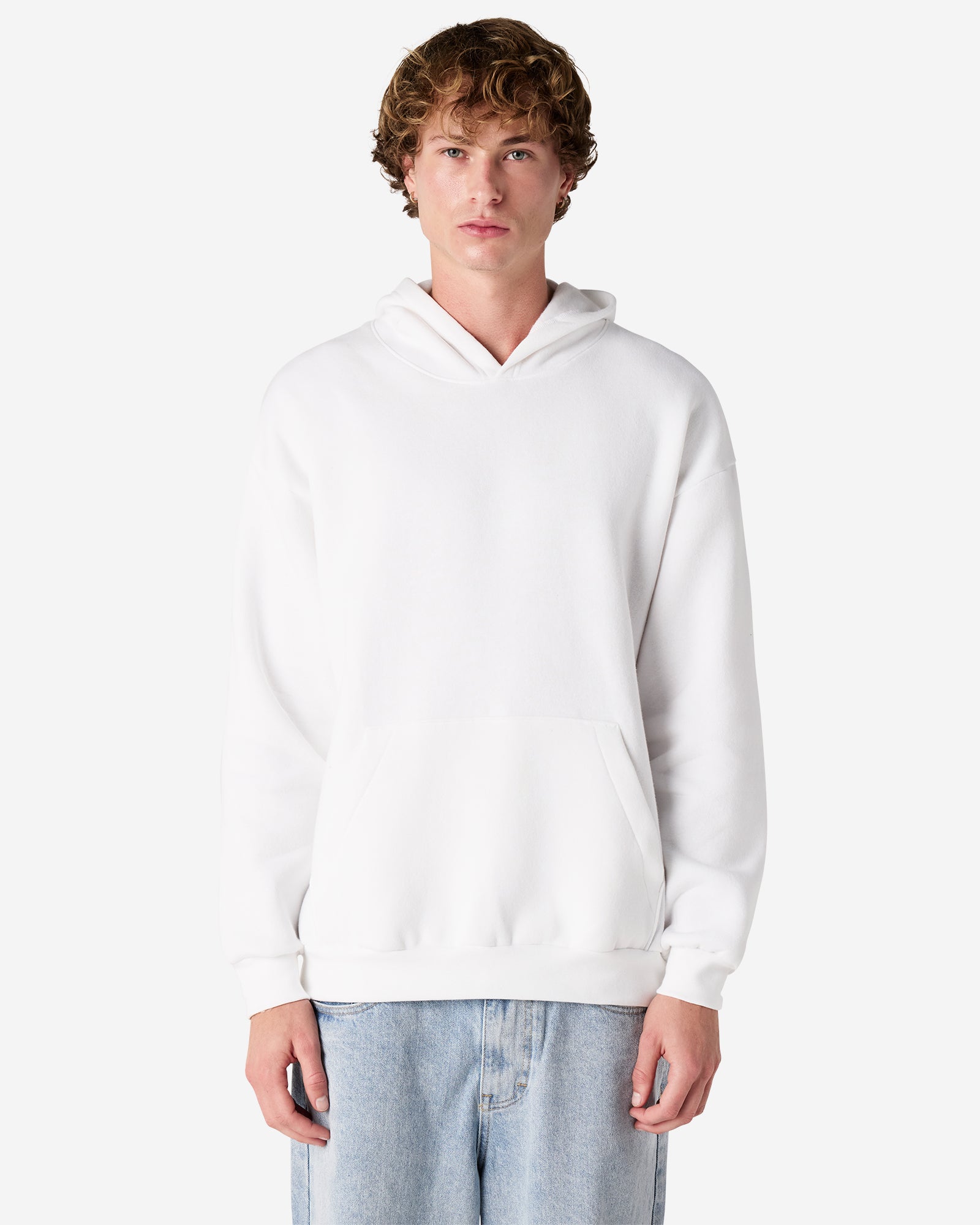 Male model wearing a Reflex Unisex Hooded Sweatshirt (front pose) -white