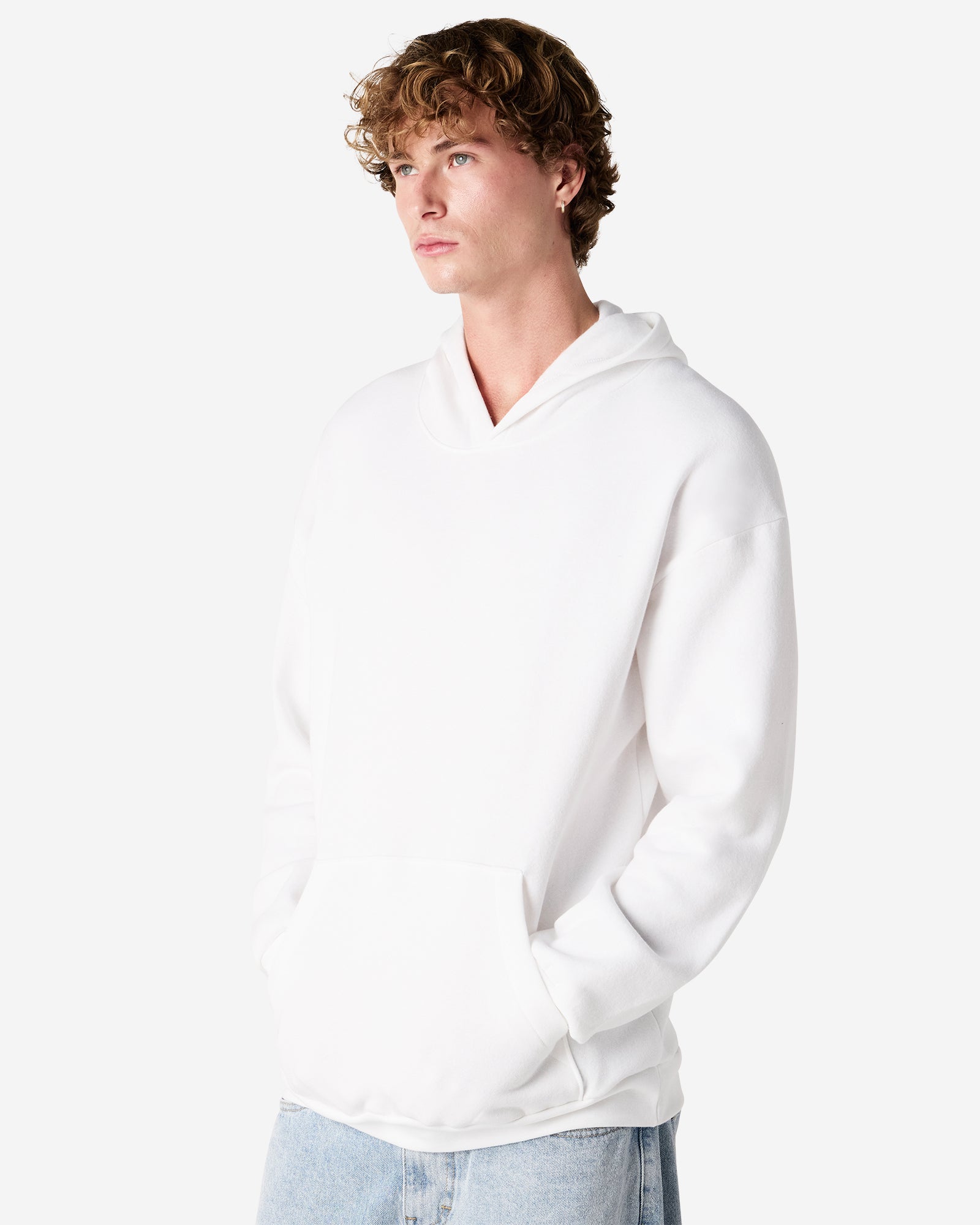 Male model wearing a Reflex Unisex Hooded Sweatshirt (front pose) -white