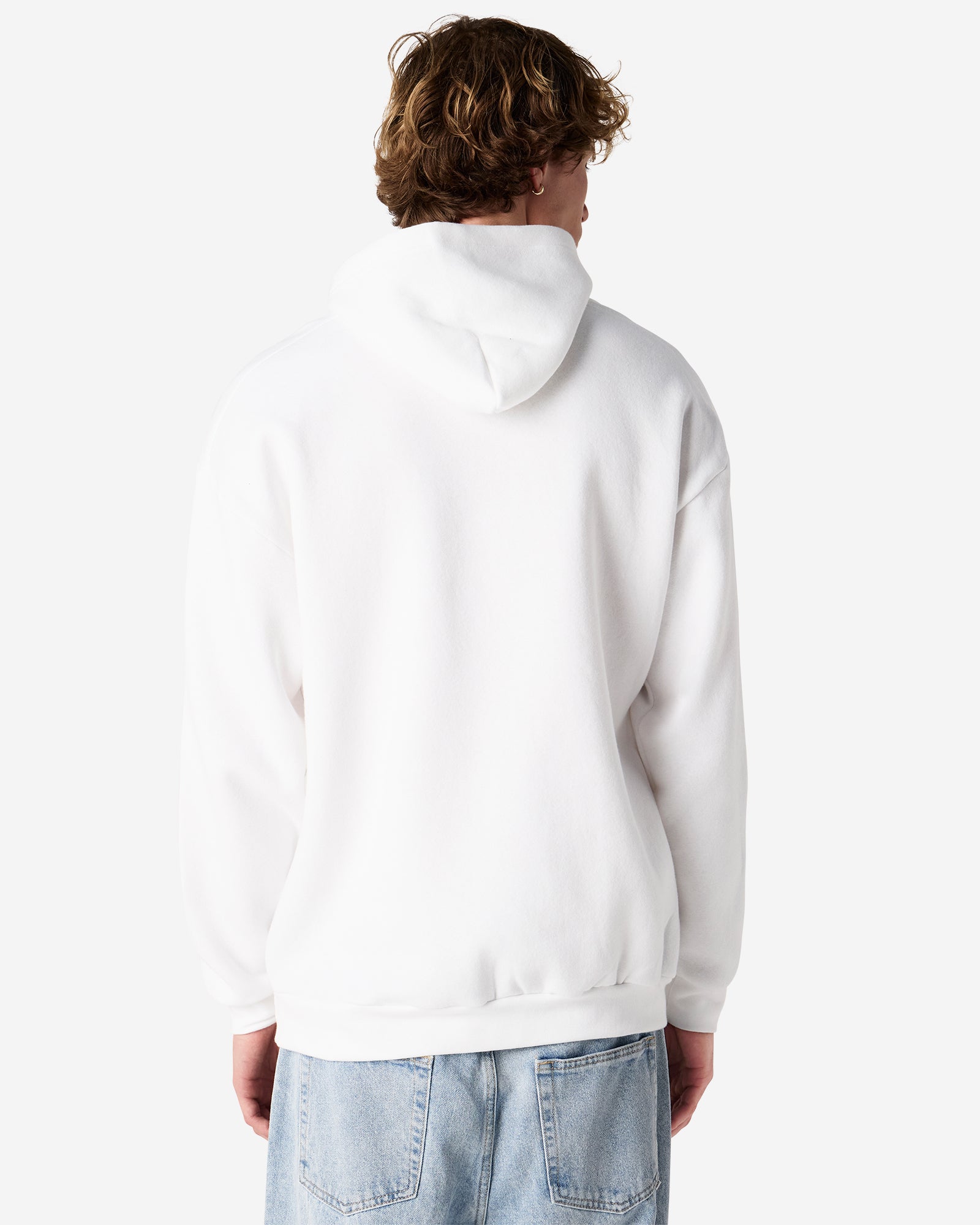 Male model wearing a Reflex Unisex Hooded Sweatshirt (back pose) -white