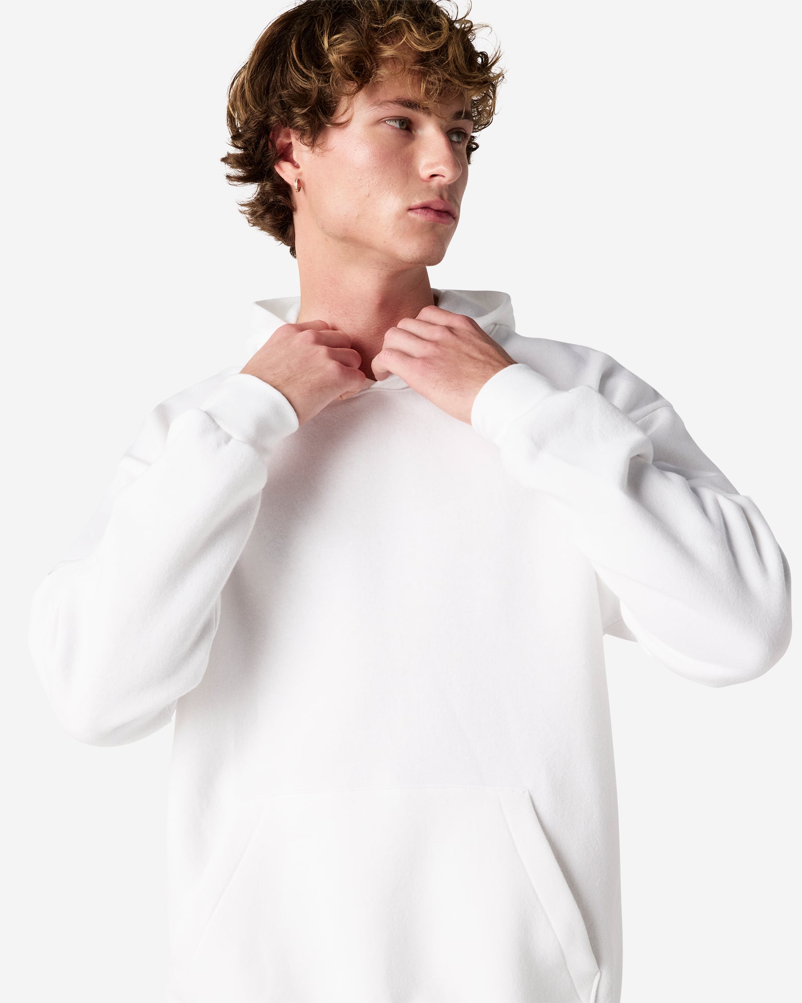 Male model wearing a Reflex Unisex Hooded Sweatshirt (front pose) -white