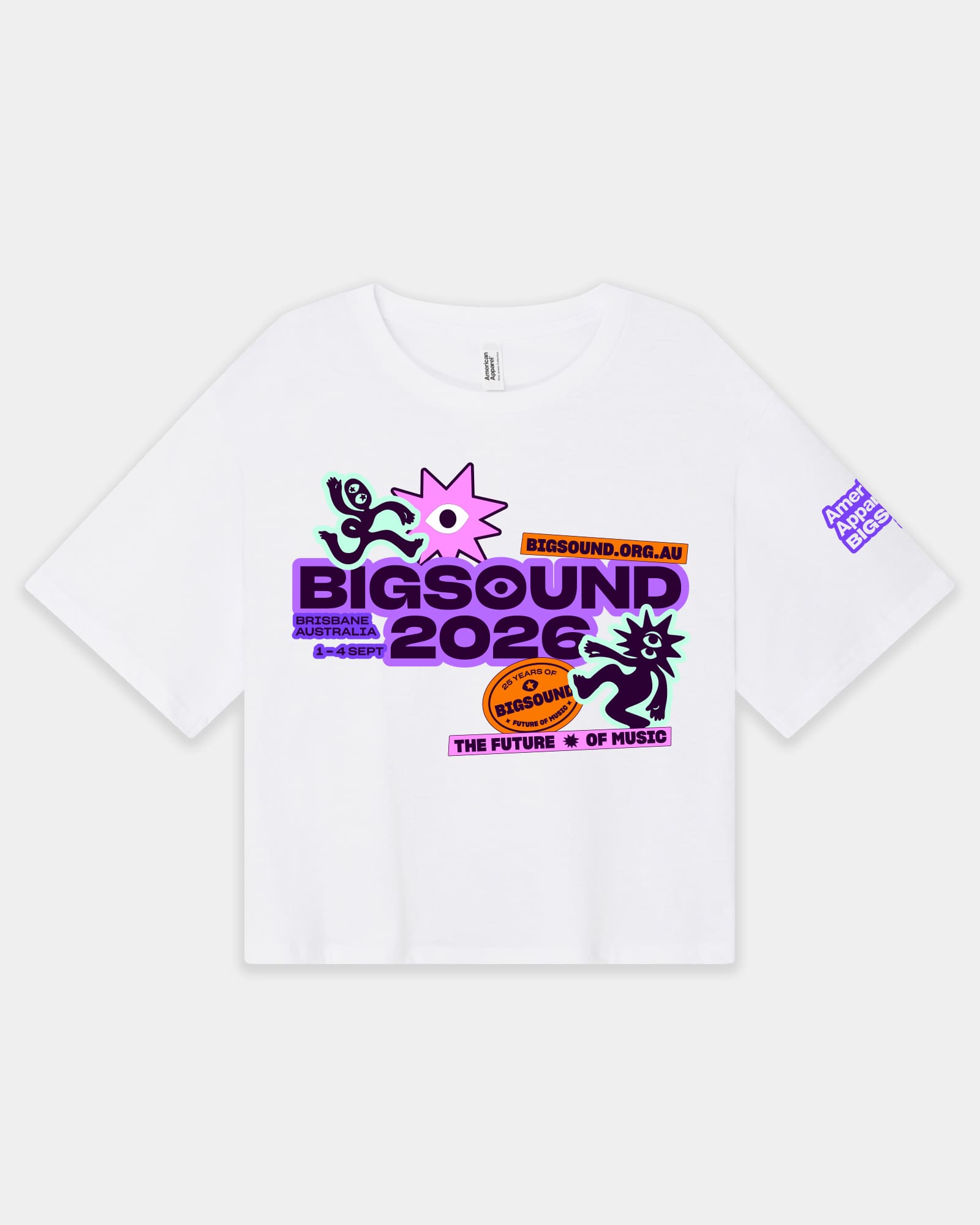 A white short sleeve t shirt with a colorful graphic print on the front reading 'BIG SOUND 2026' in purple and orange, featuring cartoon spider illustrations, on a light gray background -white