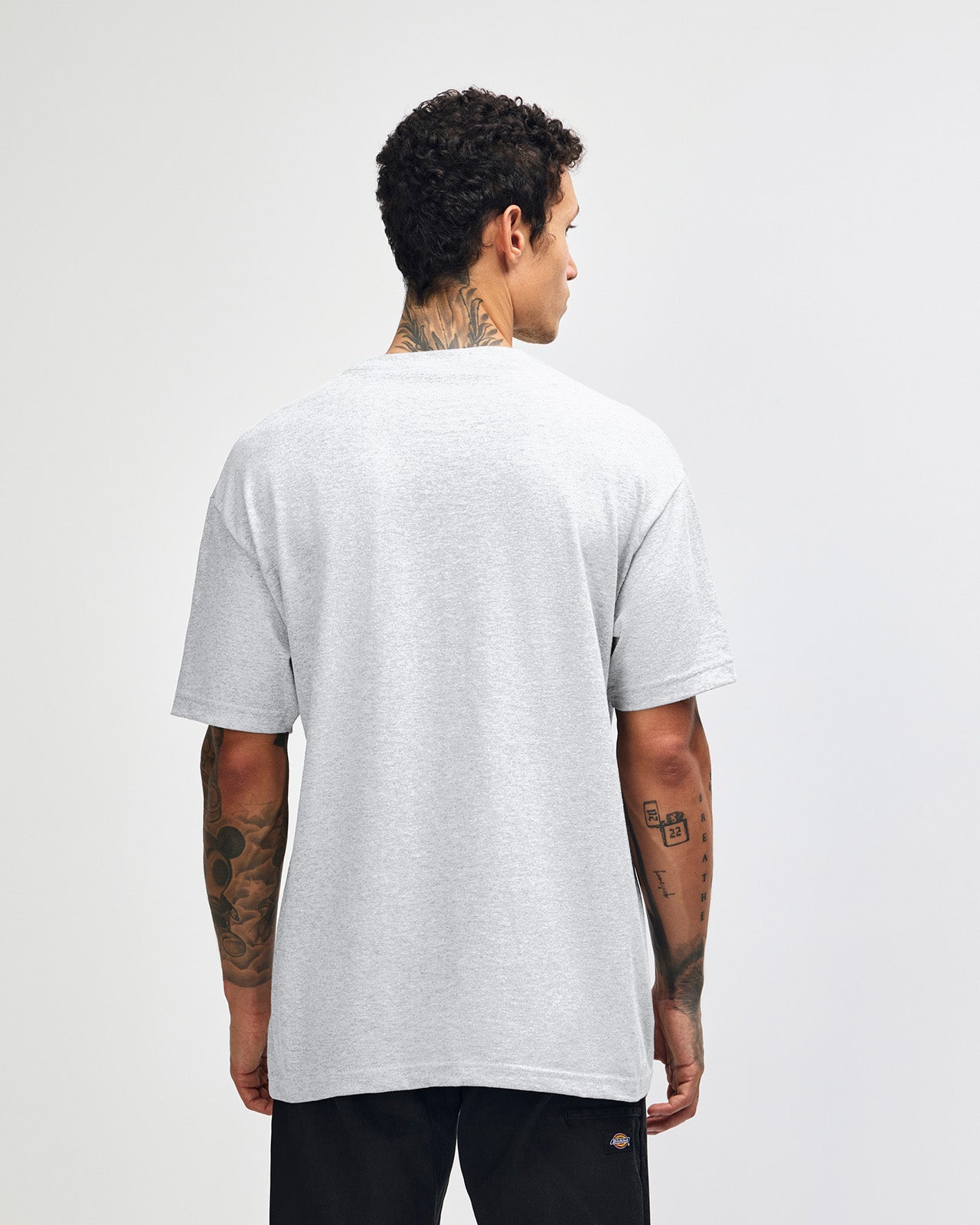 Male Model wearing a Ash Heavyweight Unisex Short Sleeve Crew Neck Tee, paired with green cargo pants standing against a plain background (front pose) -ash