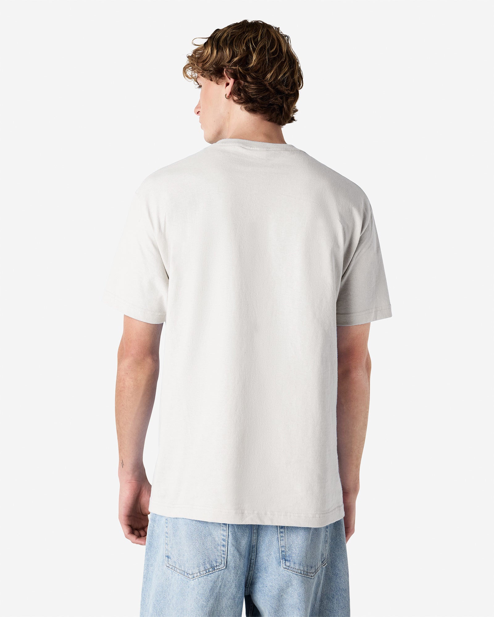 Male Model wearing a Ash Heavyweight Unisex Short Sleeve Crew Neck Tee, paired with blue jeans, standing against a plain background (back pose) -ash