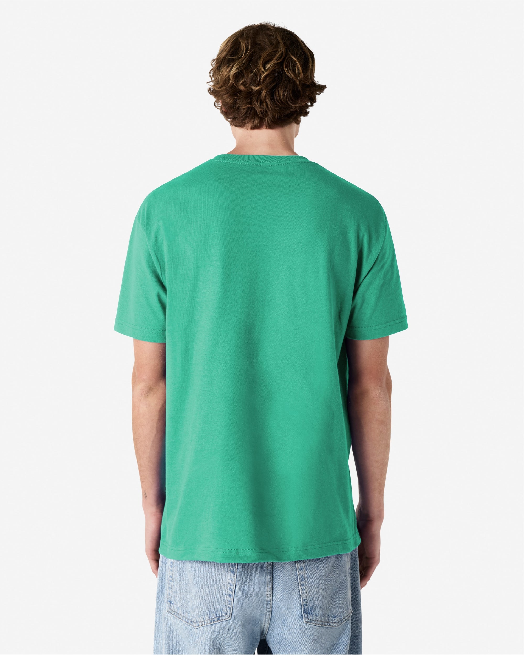 Male Model wearing a Celadon Heavyweight Unisex Short Sleeve Crew Neck Tee, paired with blue jeans, standing against a plain background (back pose) -celadon