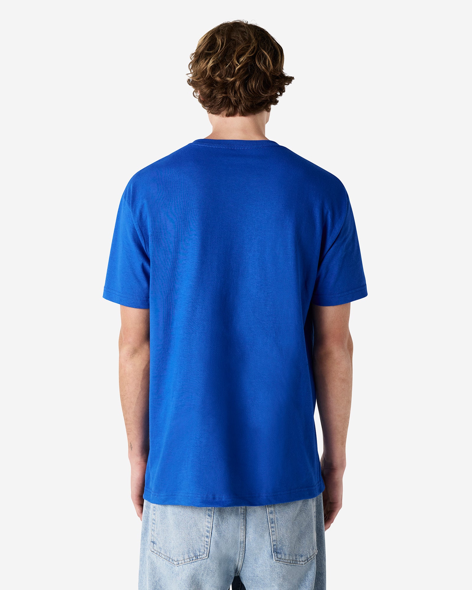 Male Model wearing a Royal Heavyweight Unisex Short Sleeve Crew Neck Tee, paired with blue jeans, standing against a plain background (back pose) -royal
