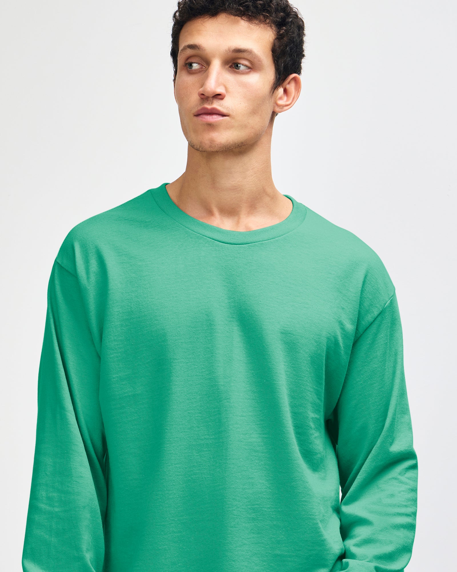front view of a male Model wearing a Celadon colored Heavyweight Unisex Long Sleeve Crew Neck Tee, paired with blue jeans, standing against a plain background (front pose) -celadon