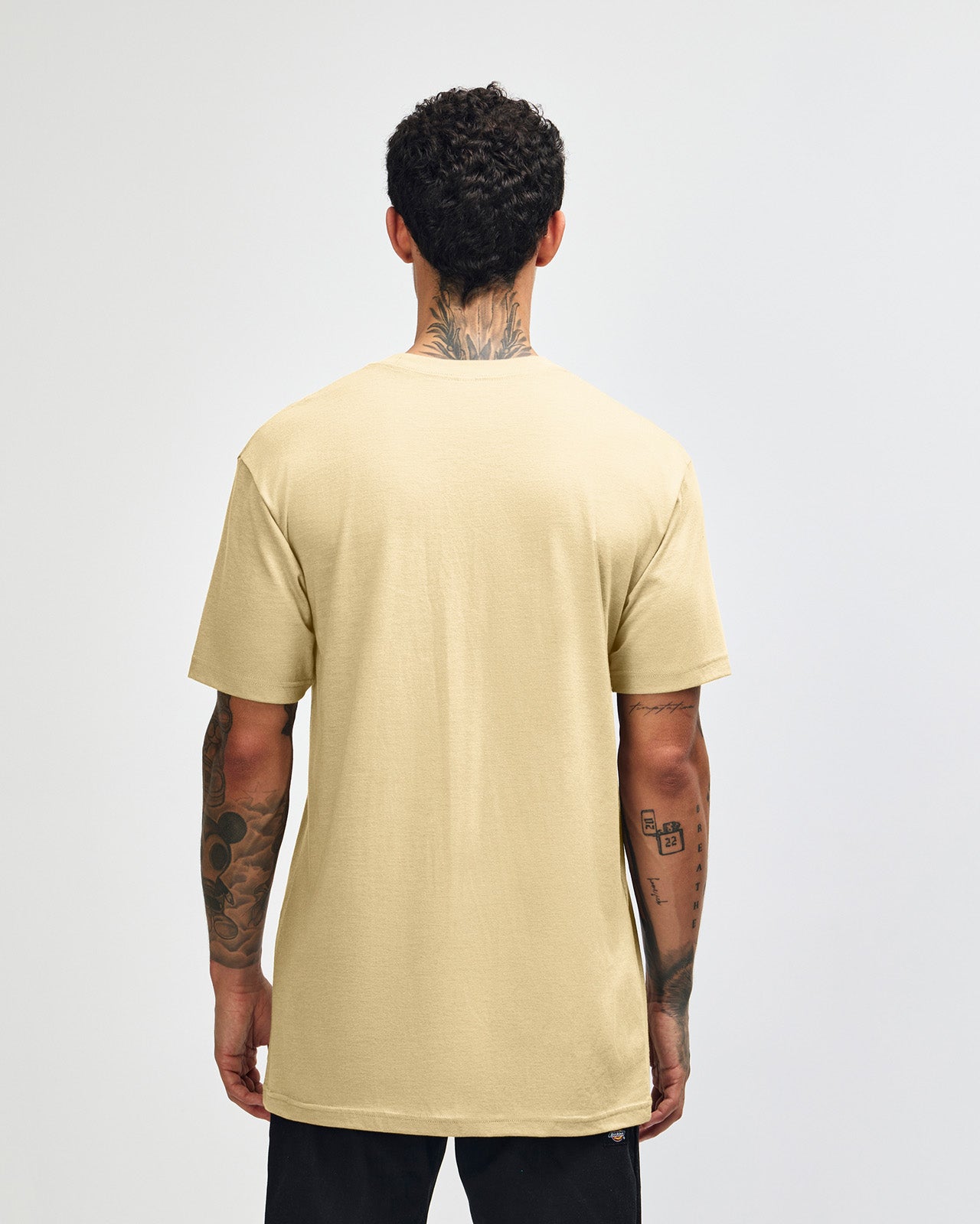 Male model wearing heather cream colour CVC Unisex Short Sleeve Crew Neck Tee (back pose) -heather cream