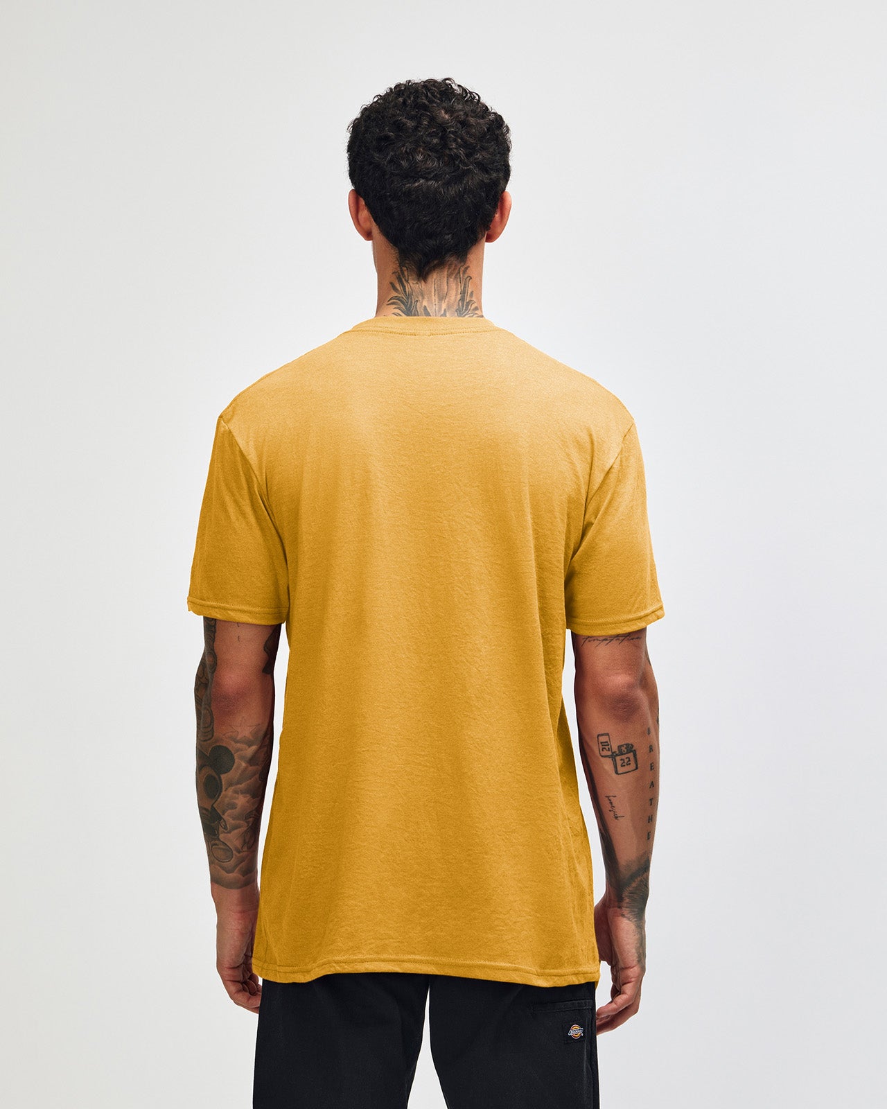 Male model wearing heather mustard colour CVC Unisex Short Sleeve Crew Neck Tee (back pose) -heather mustard