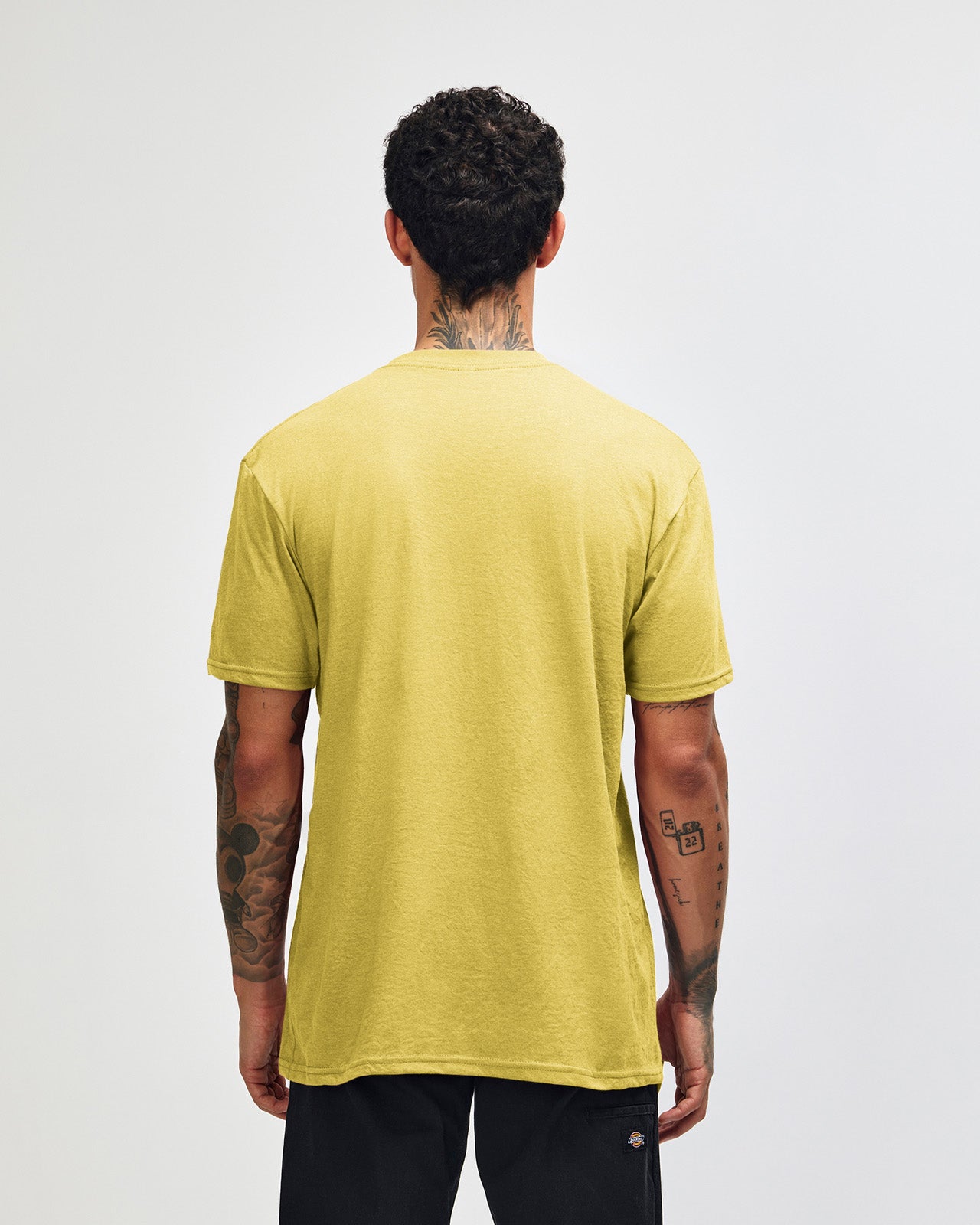 Male model wearing heather pannacotta colour CVC Unisex Short Sleeve Crew Neck Tee (back pose) -heather pannacotta