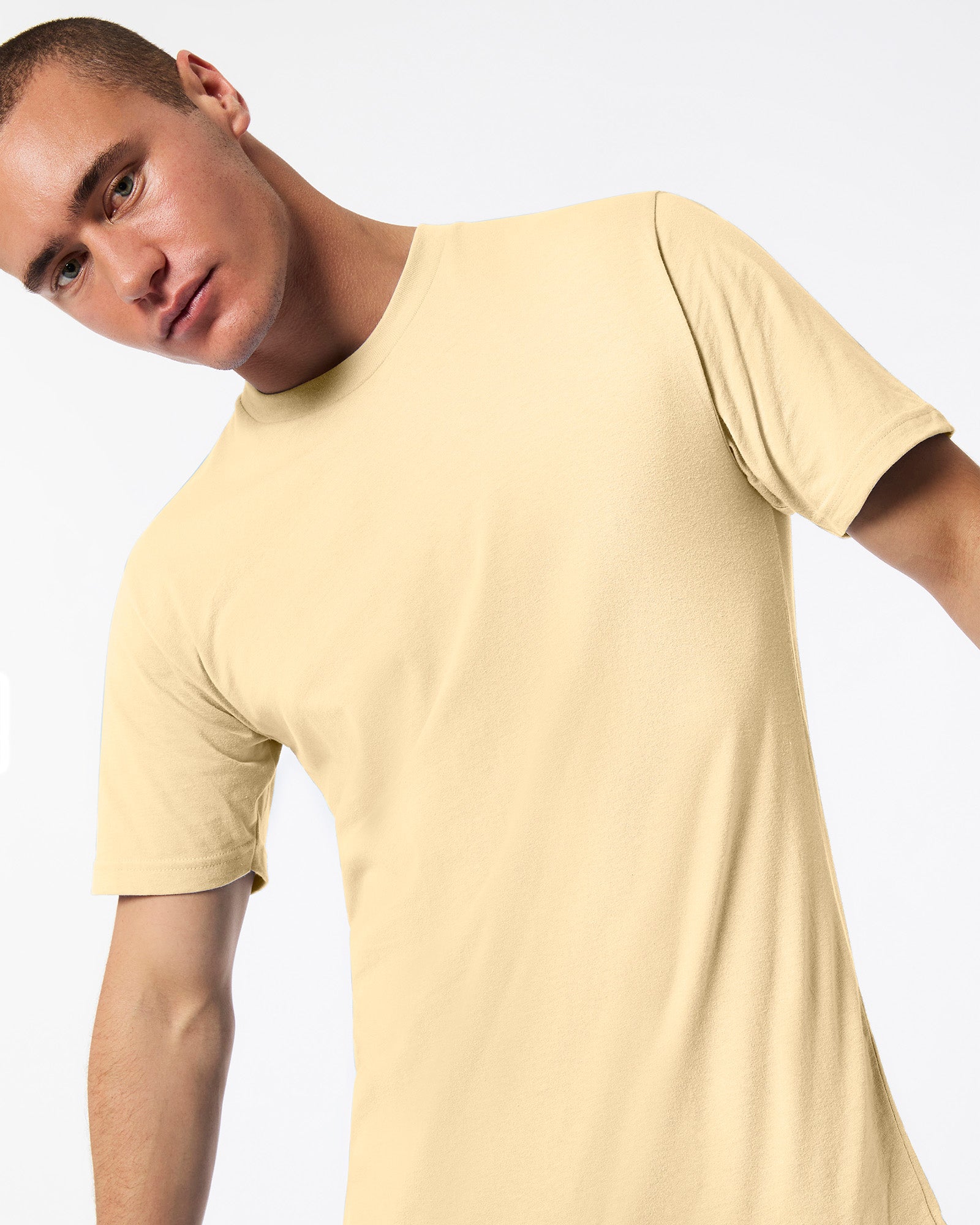 Male mode wearing cream colour American Apparel Fine jersey Unisex Short Sleeve Crew Neck Tee (Front pose) -cream 