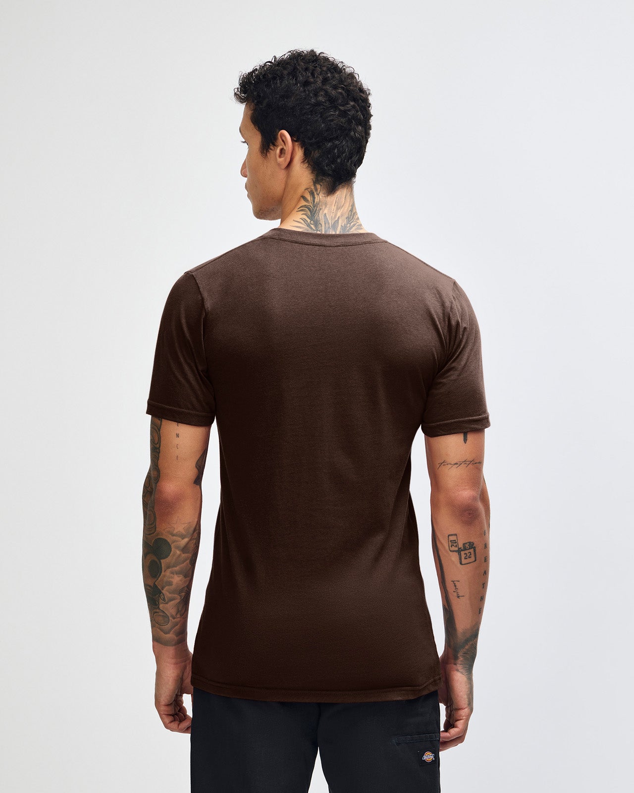 Fine Jersey Male mode wearing brown colour American Apparel Unisex Short Sleeve Crew Neck Tee (back pose) -brown