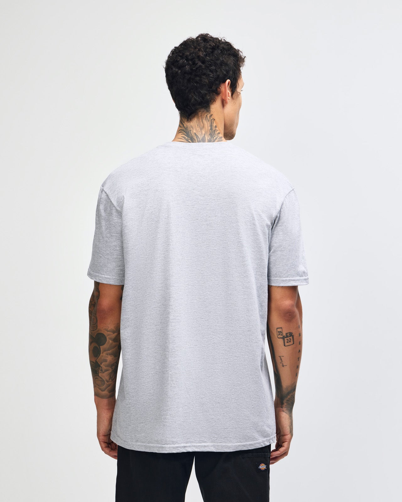 male model wearing heather grey colour Fine Jersey Unisex Crew Neck Tee (back pose) -heather grey