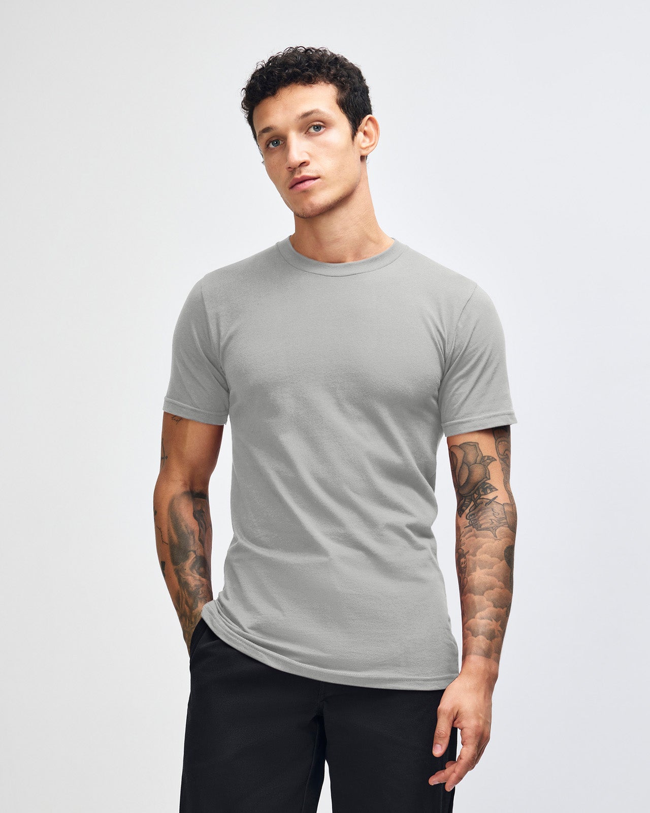 male model wearing  new silver colour Fine Jersey Unisex Crew Neck Tee (front pose) -new silver