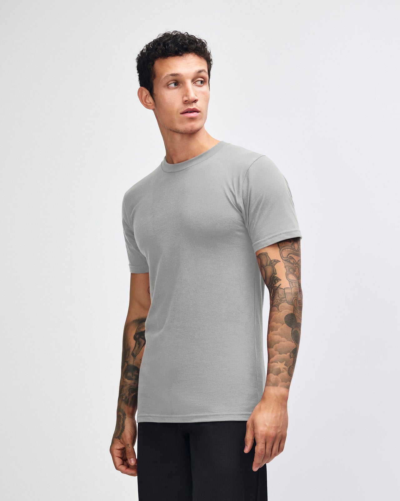 male model wearing  new silver colour Fine Jersey Unisex Crew Neck Tee (front pose) -new silver
