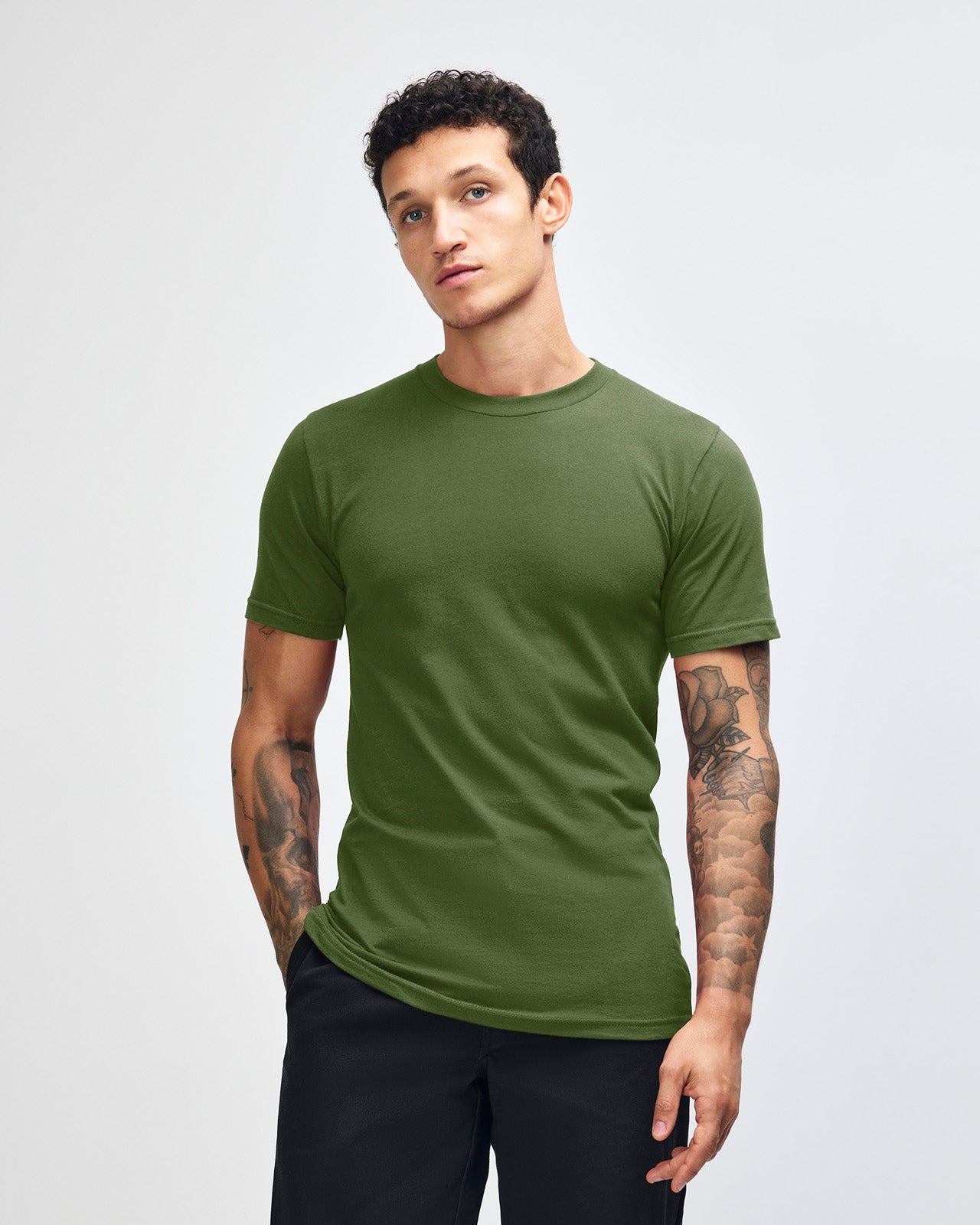 male model wearing  olive colour Fine Jersey Unisex Crew Neck Tee (front pose) -olive