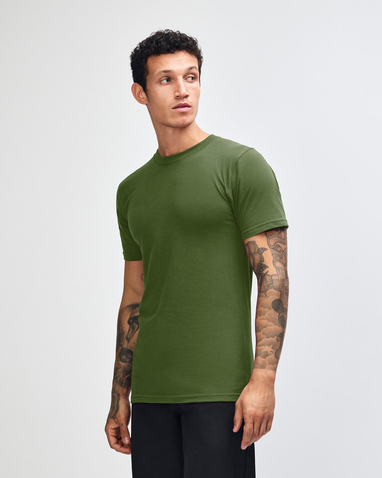 male model wearing  olive colour Fine Jersey Unisex Crew Neck Tee (front pose) -olive