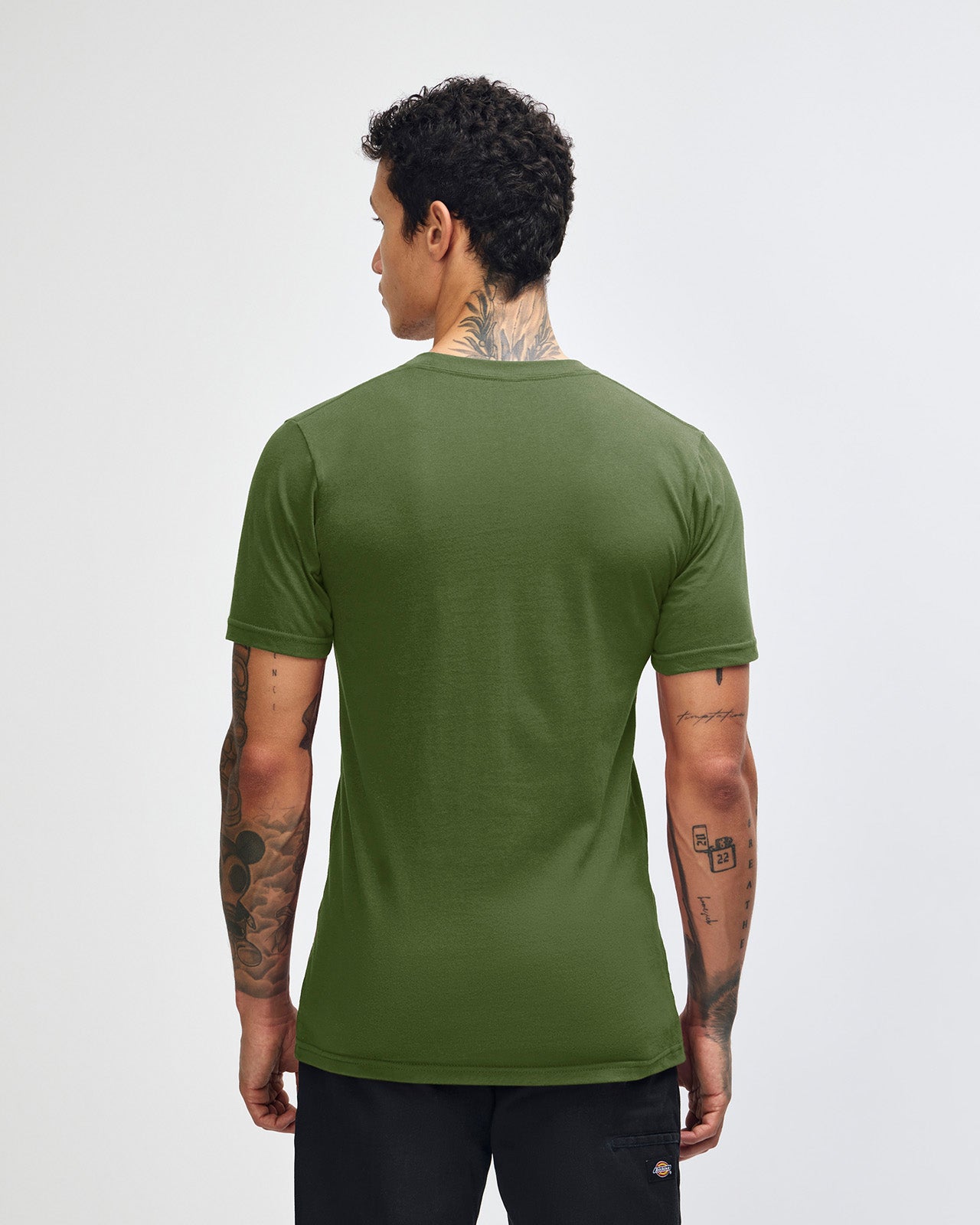 male model wearing  olive colour Fine Jersey Unisex Crew Neck Tee (back pose) -olive