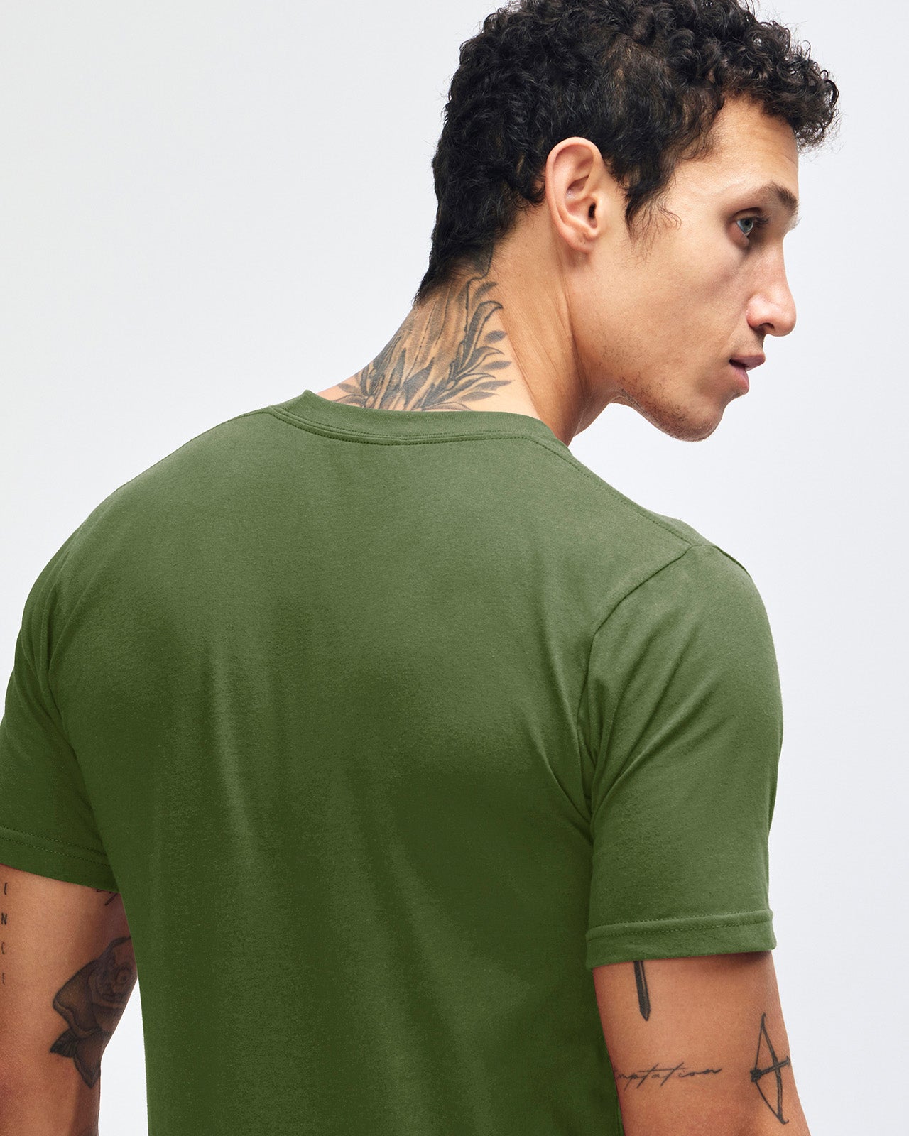 male model wearing  olive colour Fine Jersey Unisex Crew Neck Tee (back pose) -olive