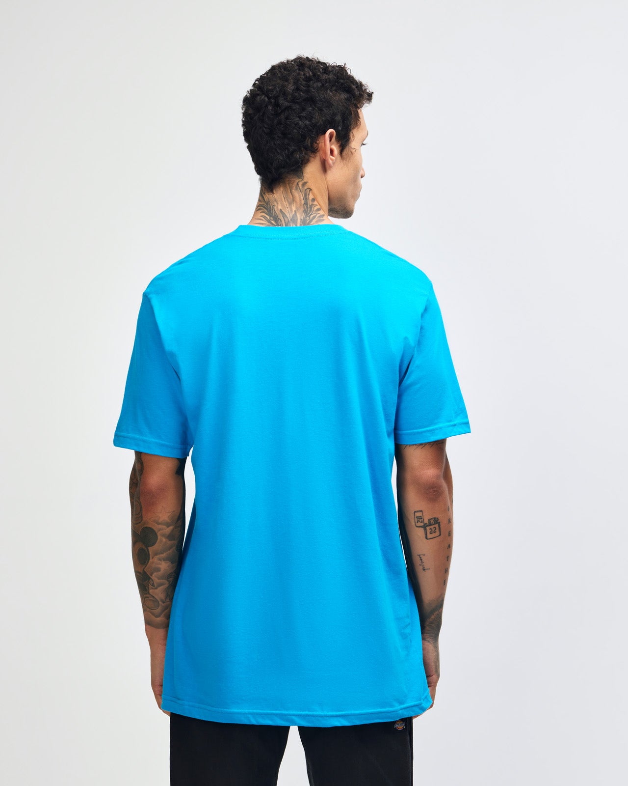 Male model wearing American Apparel Powder teal Colour Fine Jersey Unisex Short Sleeve Crew Neck Tee (back pose) -teal 