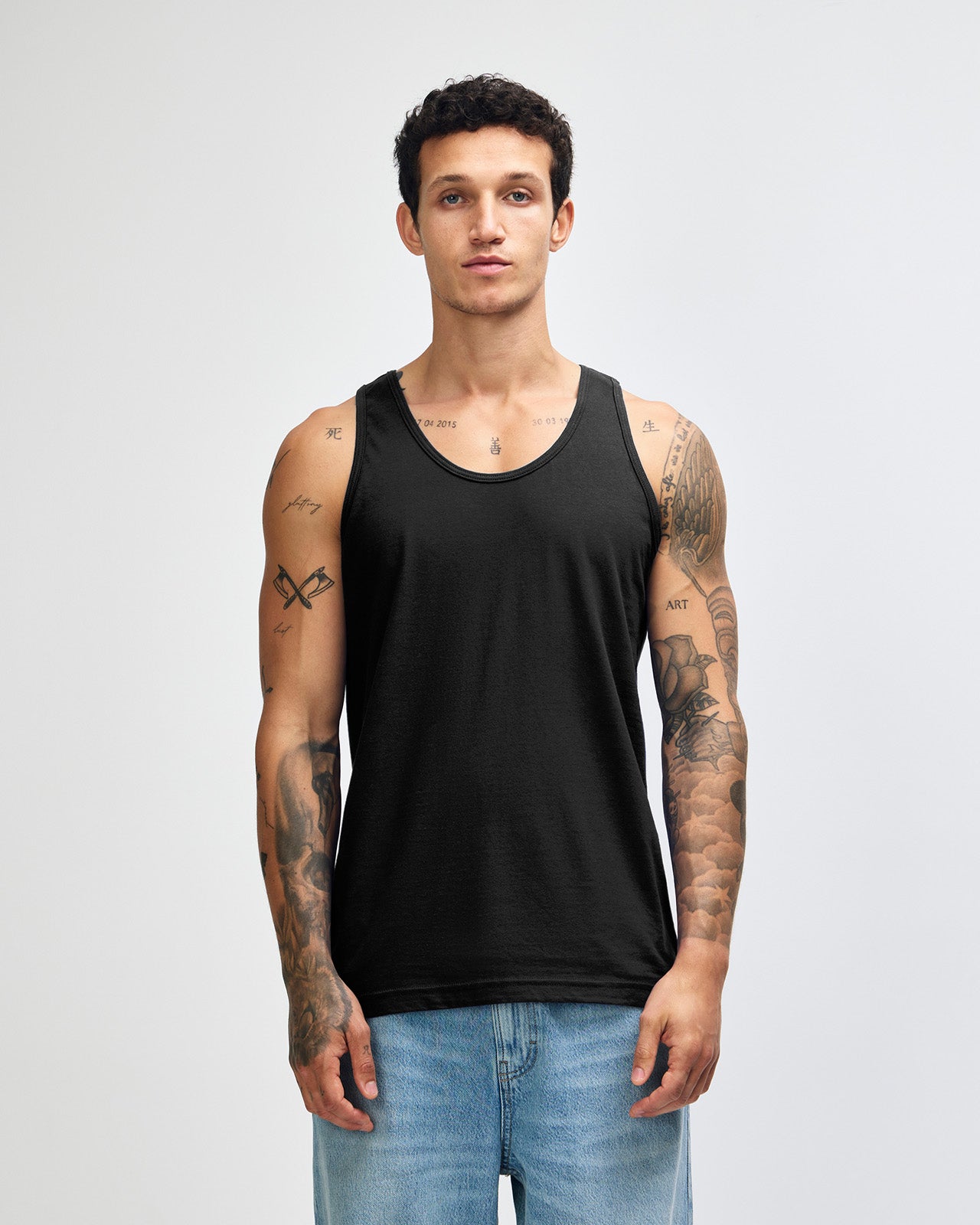 Male model wearing asphalt colour American Apparel Fine Jersey Unisex Tank Top (front pose) -black