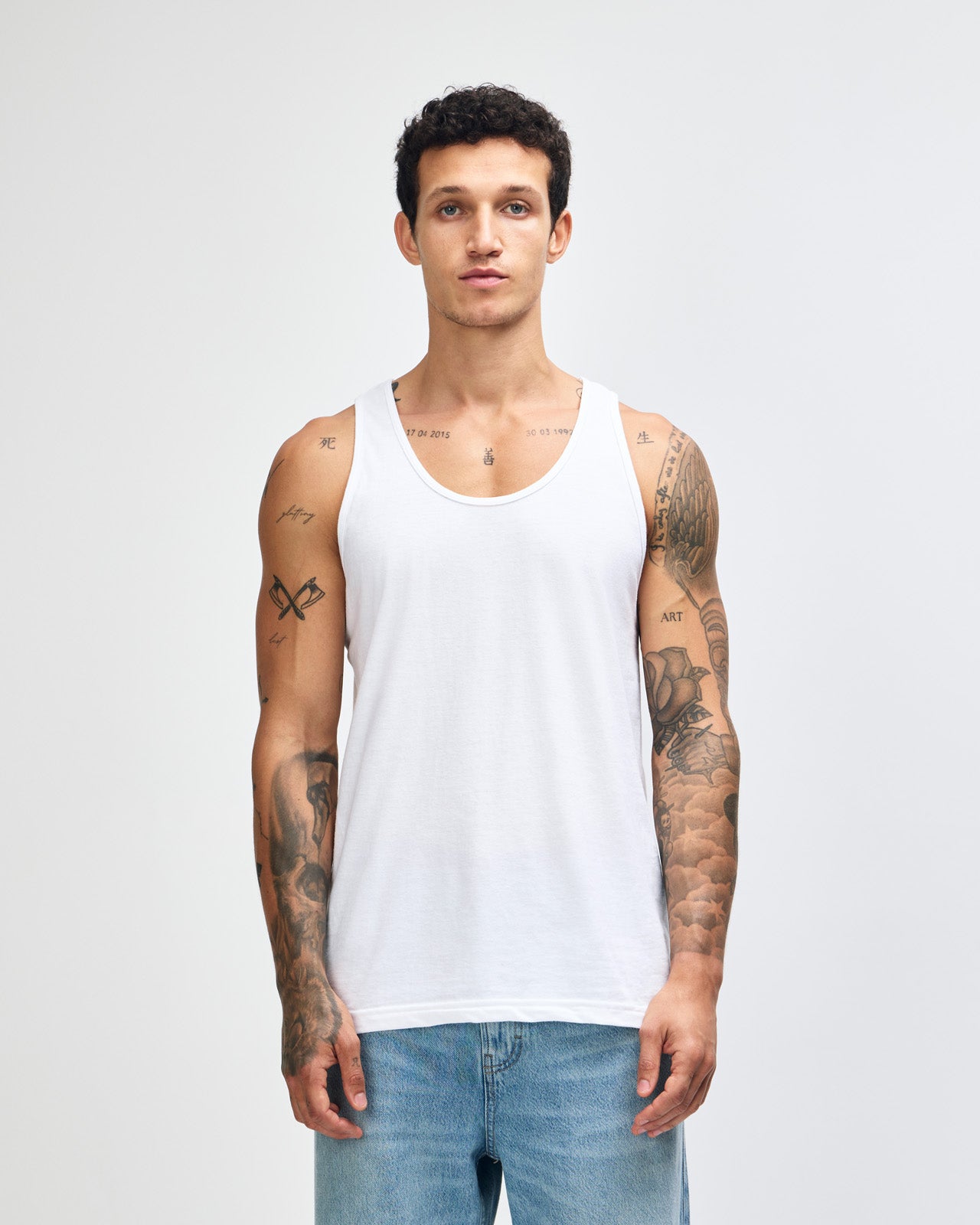 Male model wearing red colour American Apparel Fine Jersey Unisex Tank Top (front pose)-white