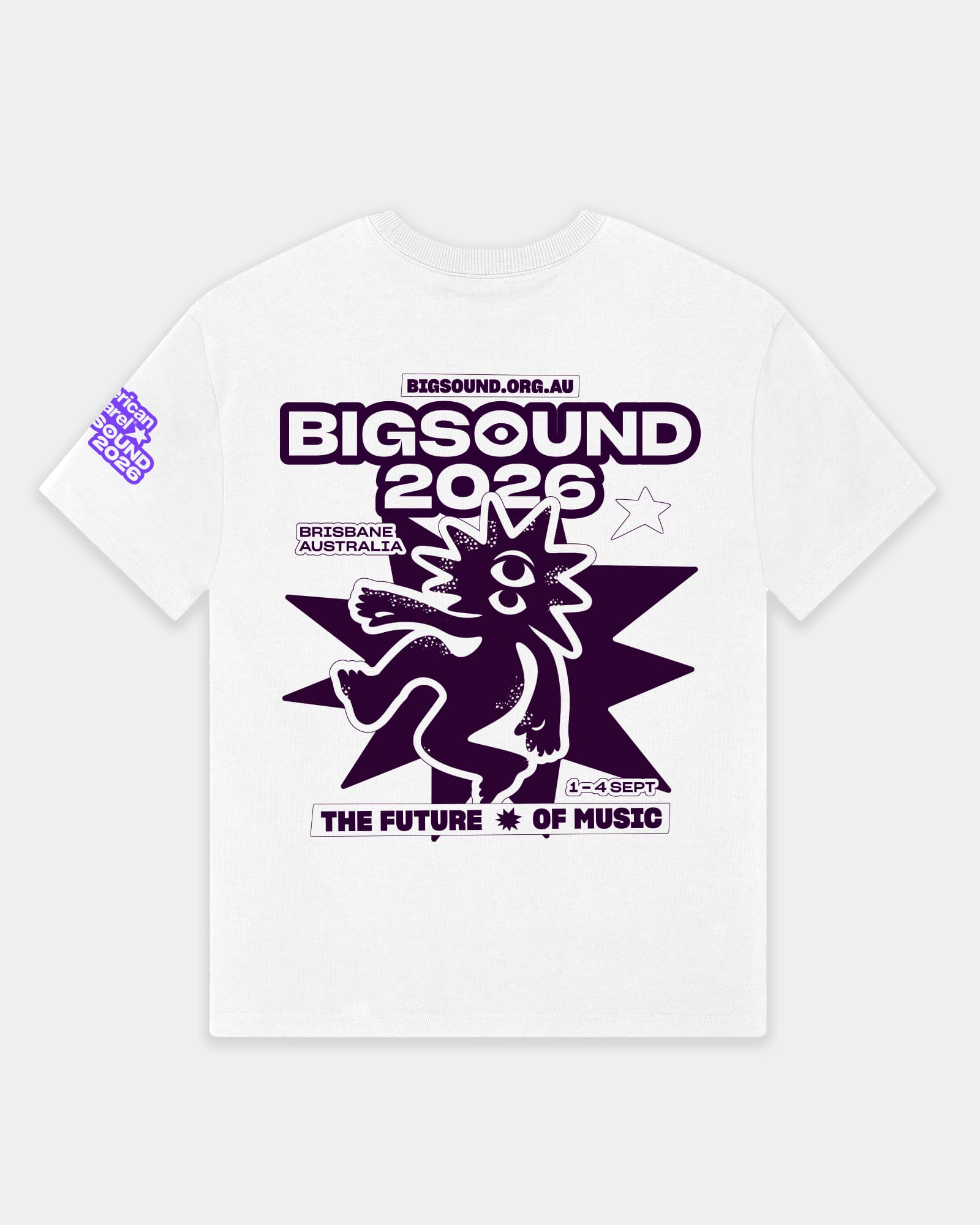 A white short sleeve t shirt with a large graphic print on the front. The graphic features the text BIGSOUND 2025 in dark purple, along with a stylized cartoon figure and smaller text reading WESLEYAN AUSTRALIA and THE FUTURE OF MUSIC -white