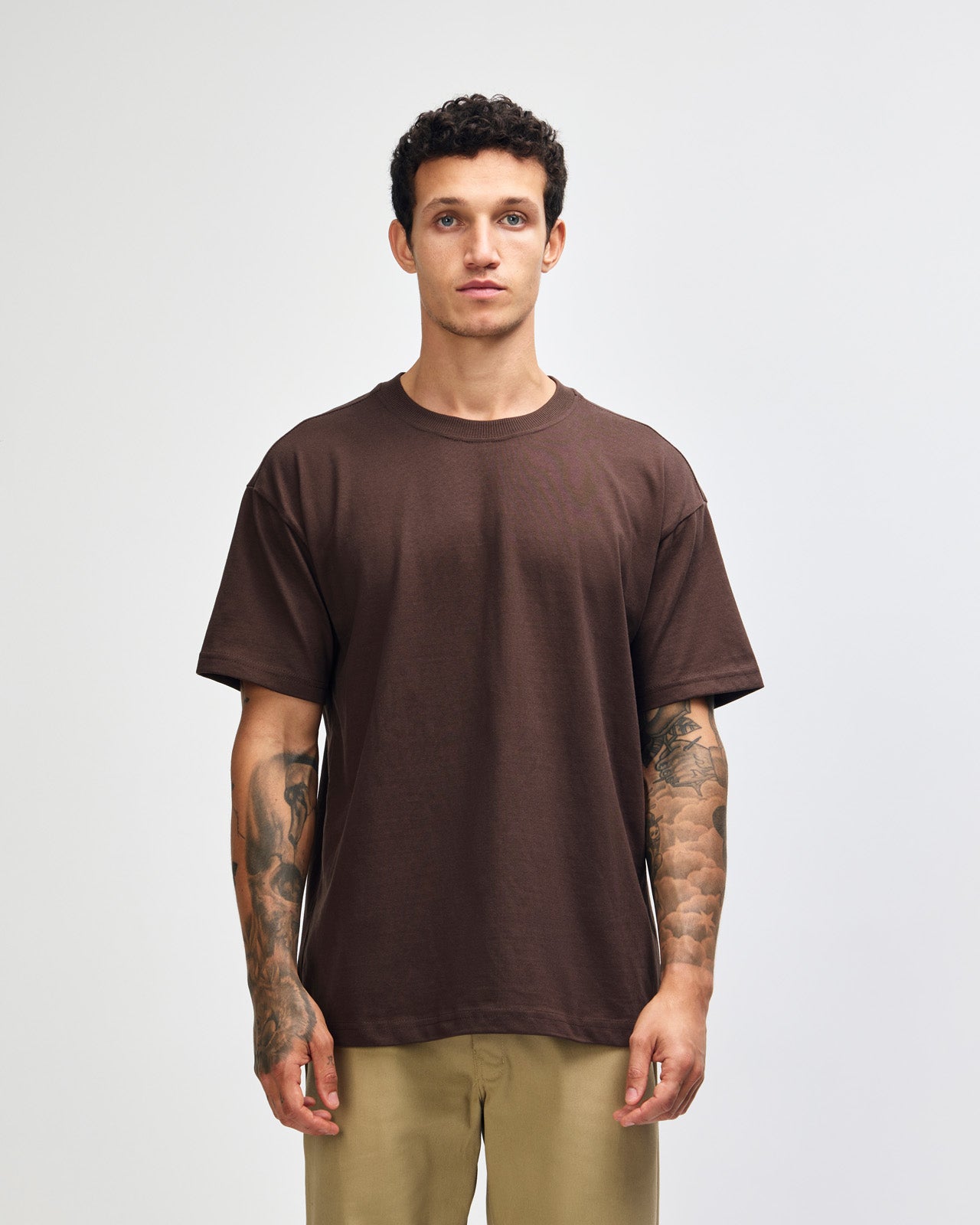 Male model wearing an American Apparel 9001 Unisex Oversized Fit Super Heavyweight T-shirt - brown