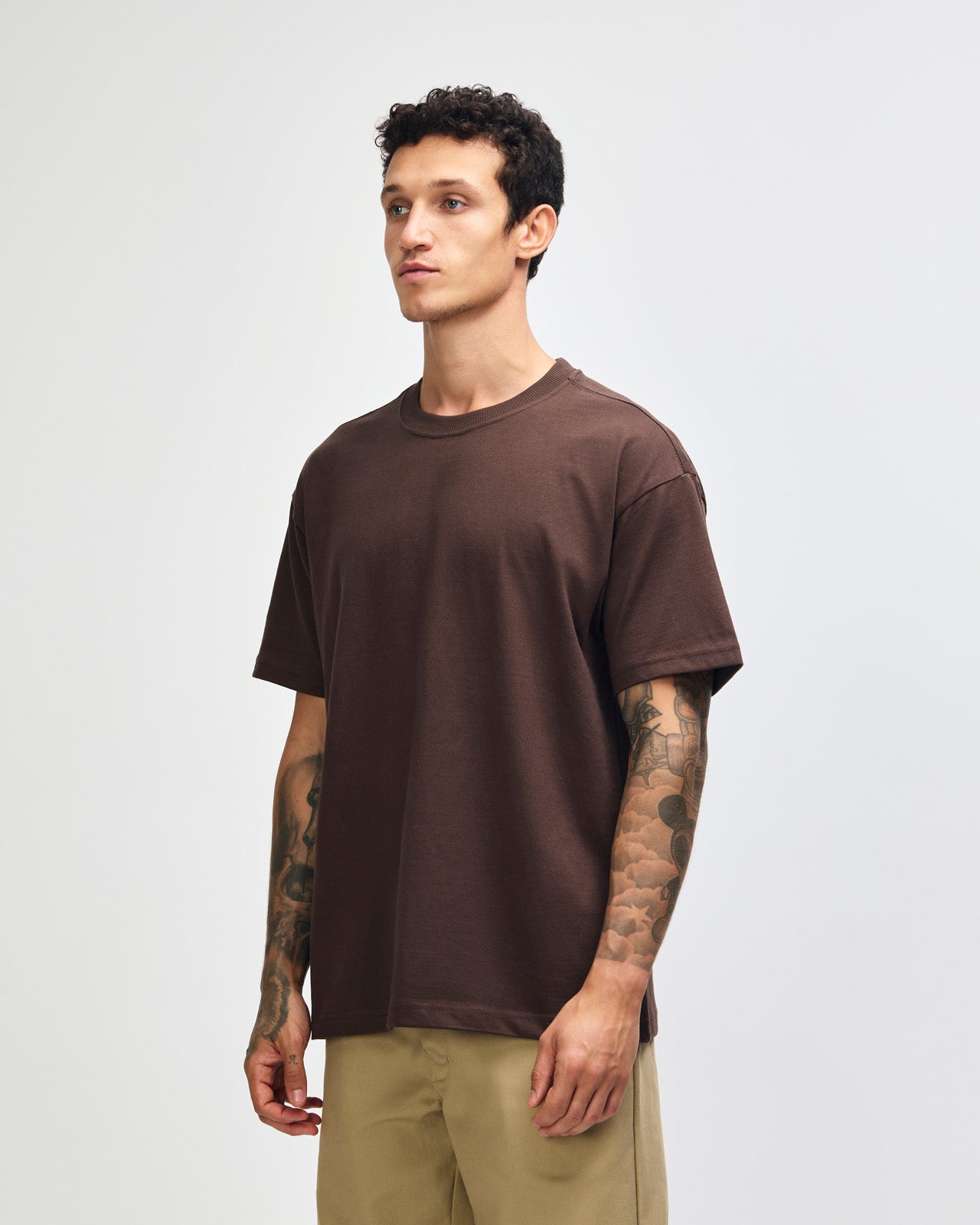Male model wearing an American Apparel 9001 Unisex Oversized Fit Super Heavyweight T-shirt - brown