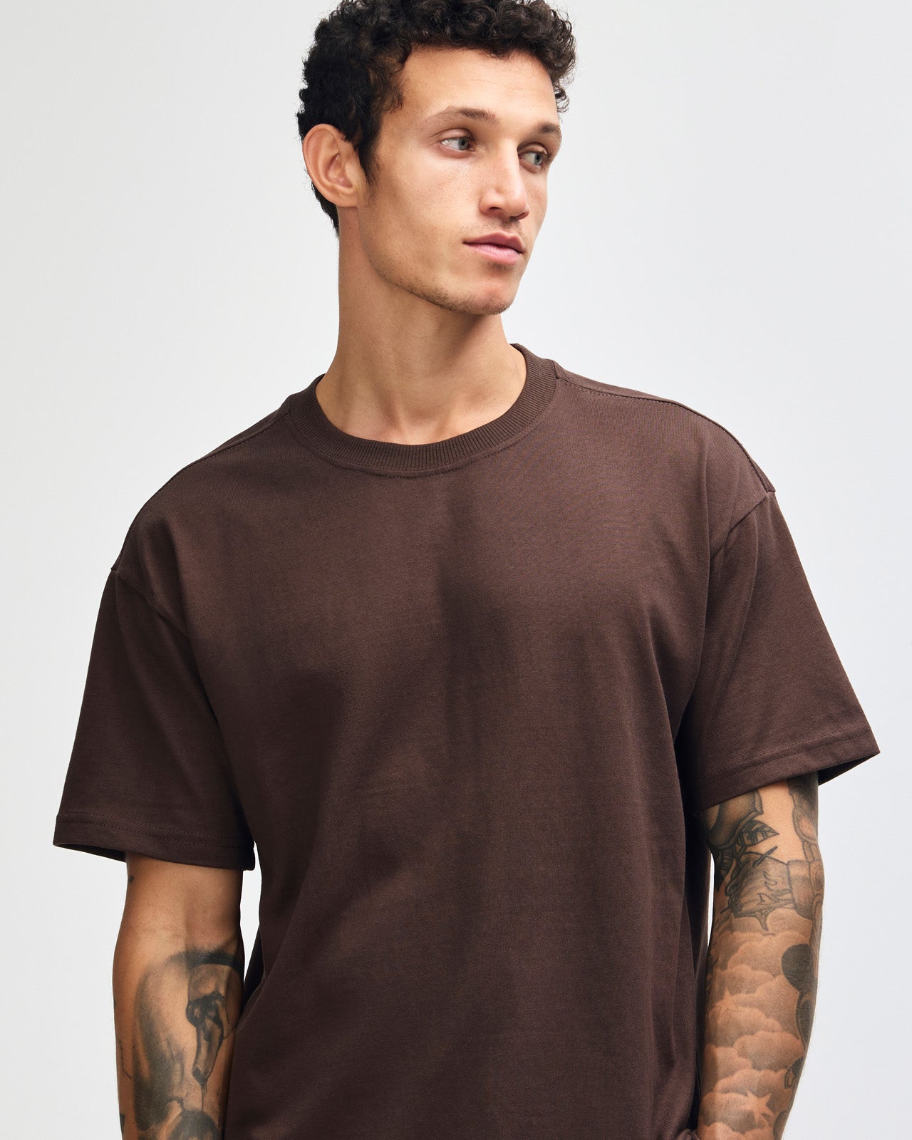 Male model wearing an American Apparel 9001 Unisex Oversized Fit Super Heavyweight T-shirt - brown