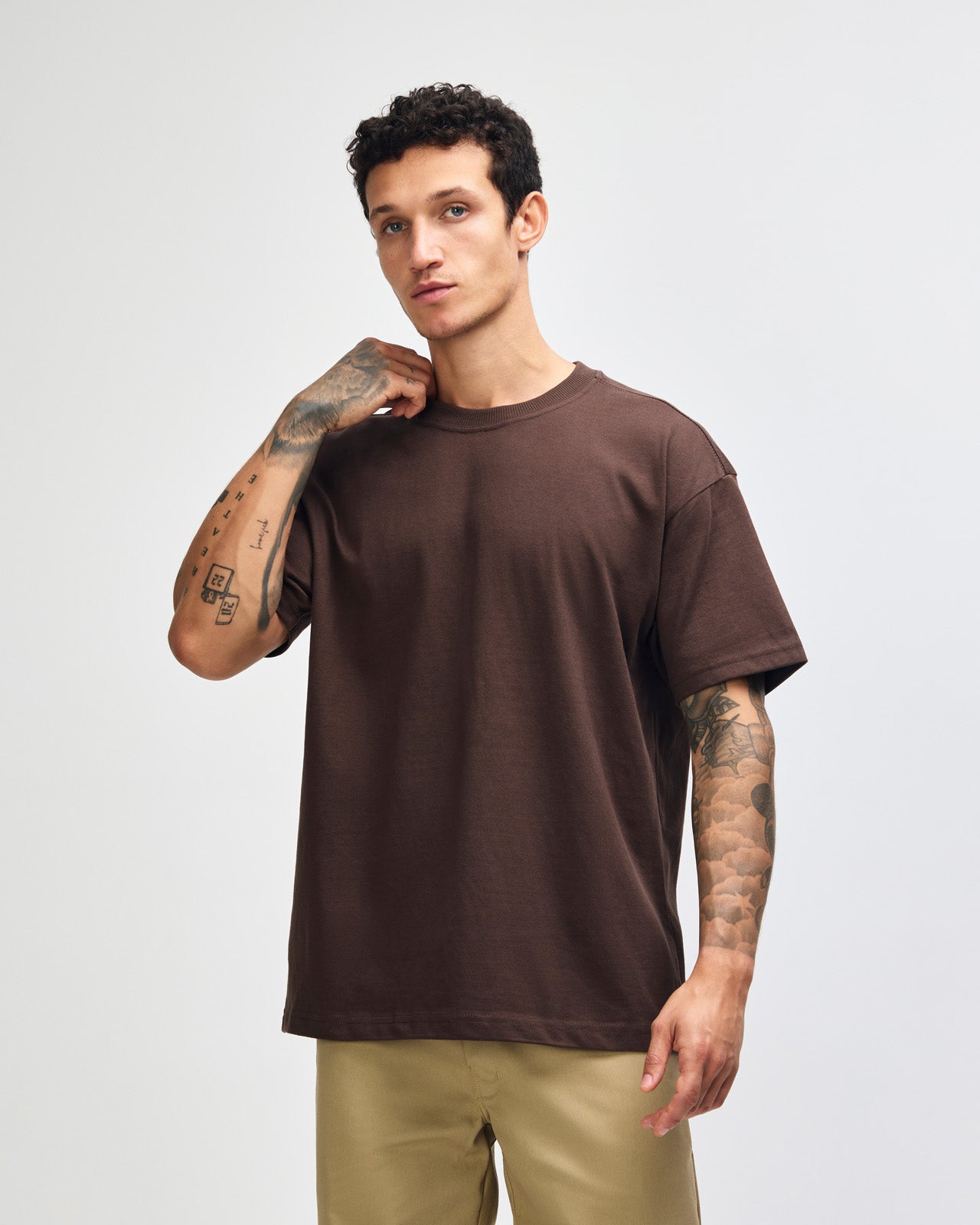 Male model wearing an American Apparel 9001 Unisex Oversized Fit Super Heavyweight T-shirt - brown