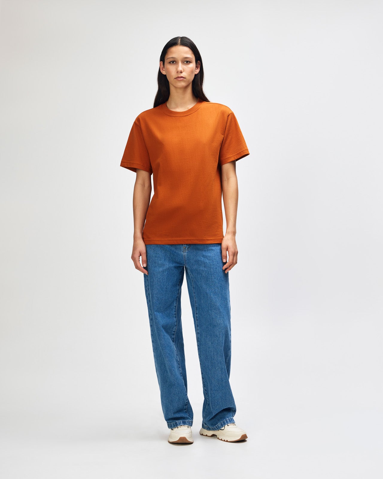 Female model wearing an American Apparel 9001 Unisex Oversized Fit Super Heavyweight T-shirt - Rust